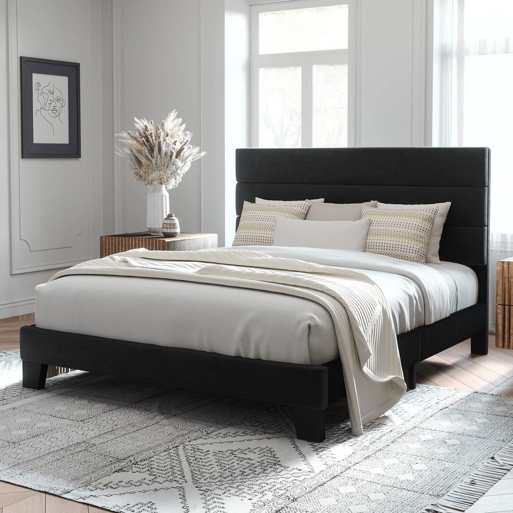 Allewie Queen Size Platform Bed Frame with Fabric Upholstered Headboard and Wooden Slats Support, Fully Upholstered Mattress Foundation/No Box Spring Needed/Easy Assembly, Navy Blue