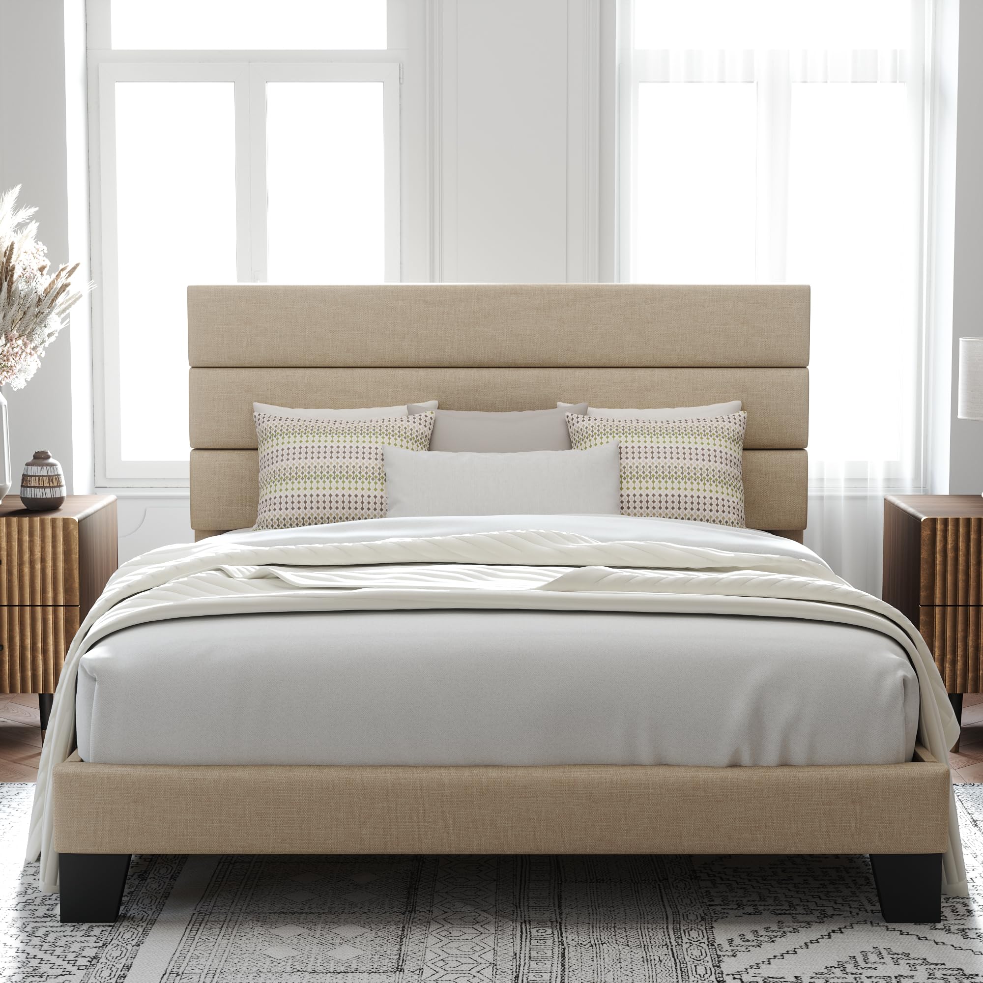 Allewie Queen Size Platform Bed Frame with Fabric Upholstered Headboard and Wooden Slats Support, Fully Upholstered Mattress Foundation/No Box Spring Needed/Easy Assembly, Navy Blue