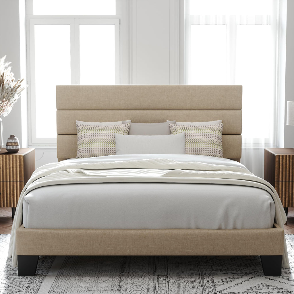 Allewie Queen Size Platform Bed Frame with Fabric Upholstered Headboard and Wooden Slats Support, Fully Upholstered Mattress Foundation/No Box Spring Needed/Easy Assembly, Dark Grey