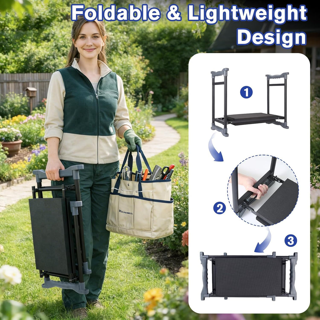 Garden Kneeler and Seat, Extra Wide Thick EVA Pad, Heavy Duty Foldable Garden Bench Holds 350lbs, Ergonomic Kneeling Stool with Garden Tool Pouches, Gardening Gifts for Women, Men & Seniors