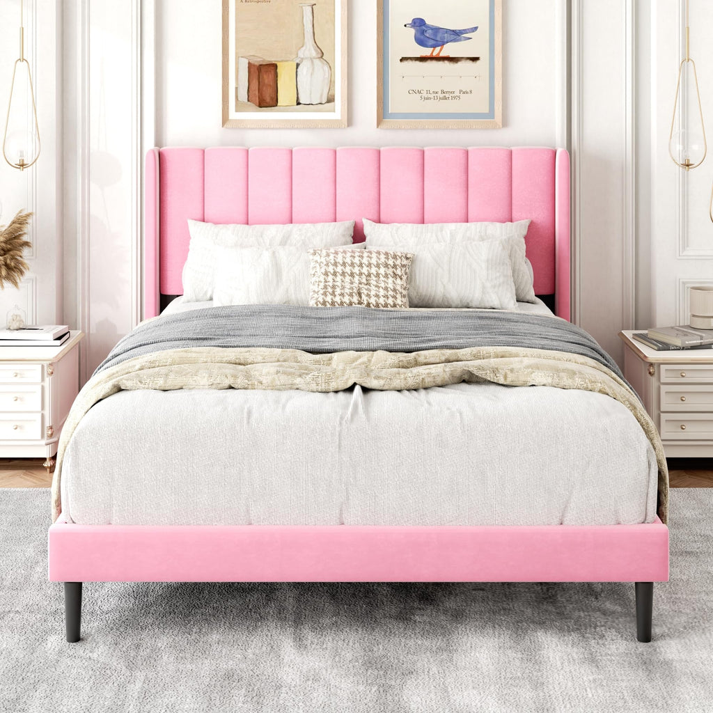 Gruwans Queen Size Bed Frame with Upholstered Wingback Headboard, Easy Assemnly Platform Bed, Wooden Slat Support No Box Spring Needed, Sand