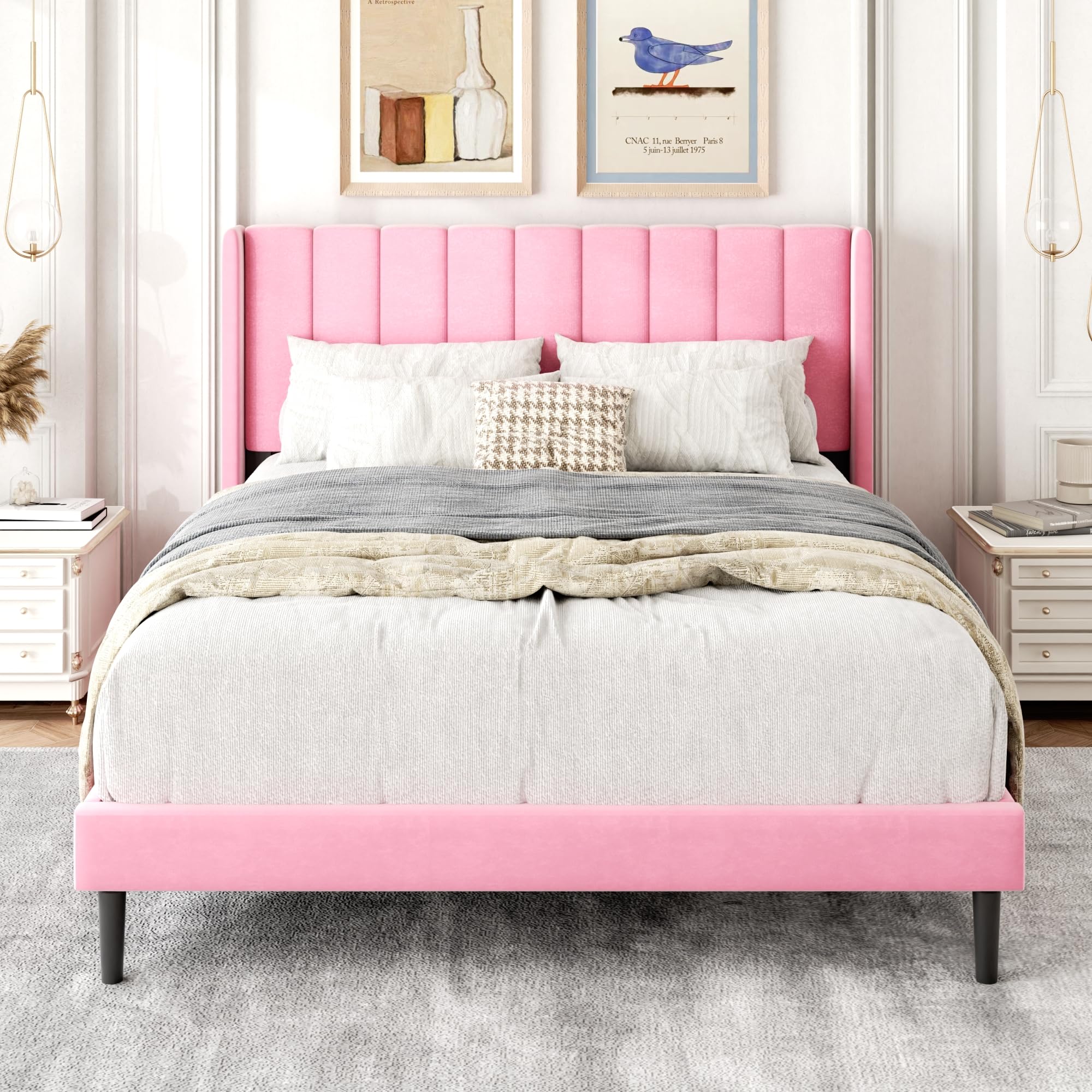 Gruwans Queen Size Bed Frame with Upholstered Wingback Headboard, Easy Assemnly Platform Bed, Wooden Slat Support No Box Spring Needed, Sand