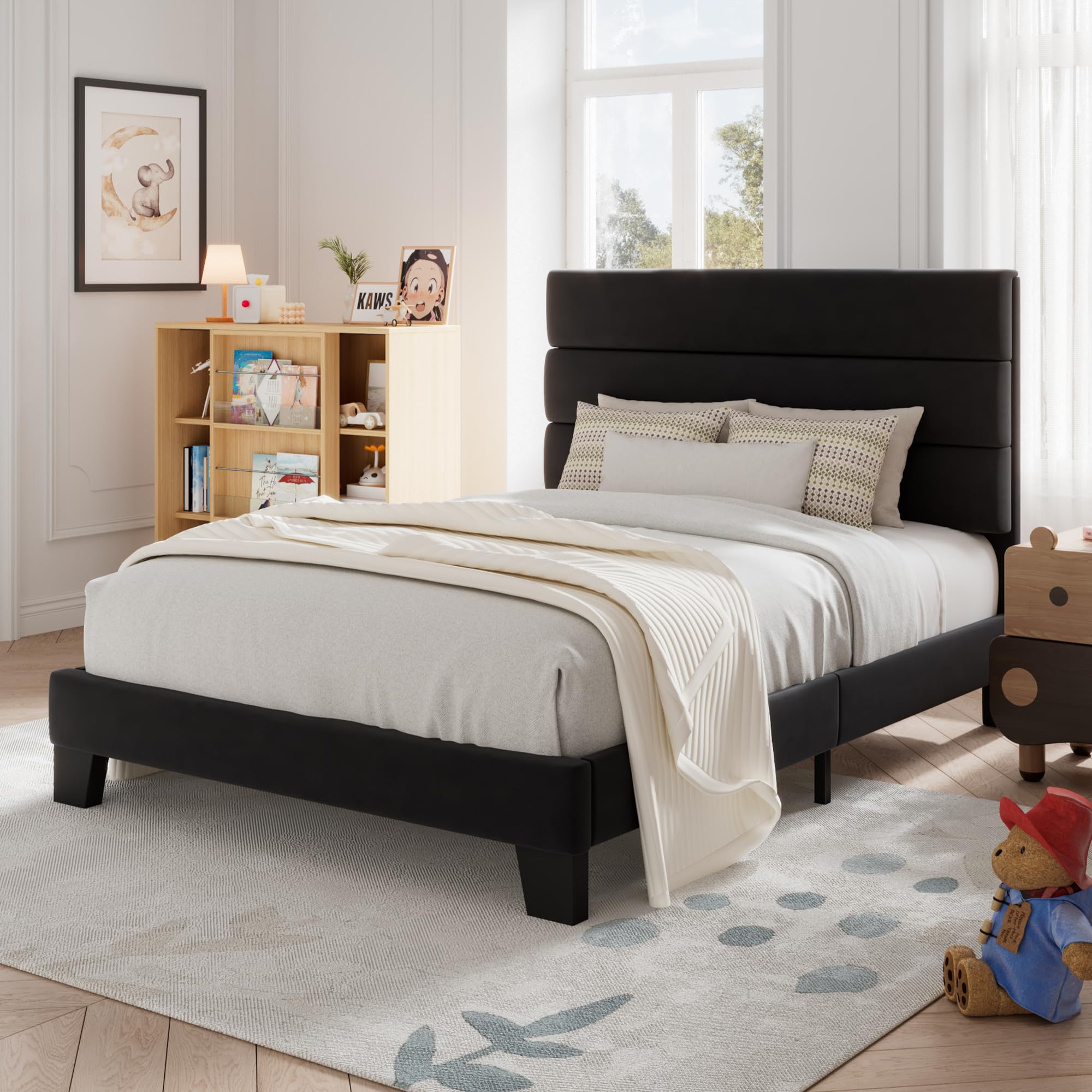Allewie Full Size Platform Bed Frame with Fabric Upholstered Headboard and Wooden Slats Support, Fully Upholstered Mattress Foundation/No Box Spring Needed/Easy Assembly, Dark Grey