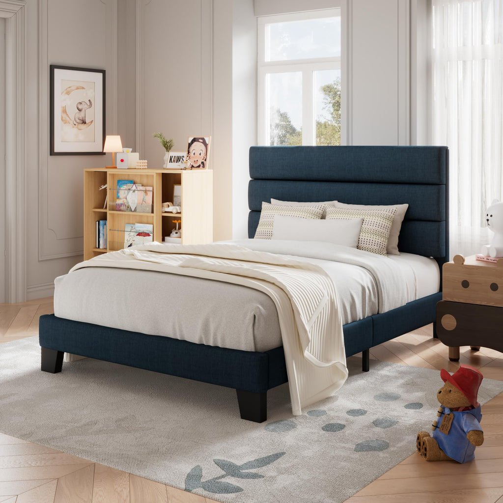 Allewie Queen Size Platform Bed Frame with Fabric Upholstered Headboard and Wooden Slats Support, Fully Upholstered Mattress Foundation/No Box Spring Needed/Easy Assembly, Dark Grey