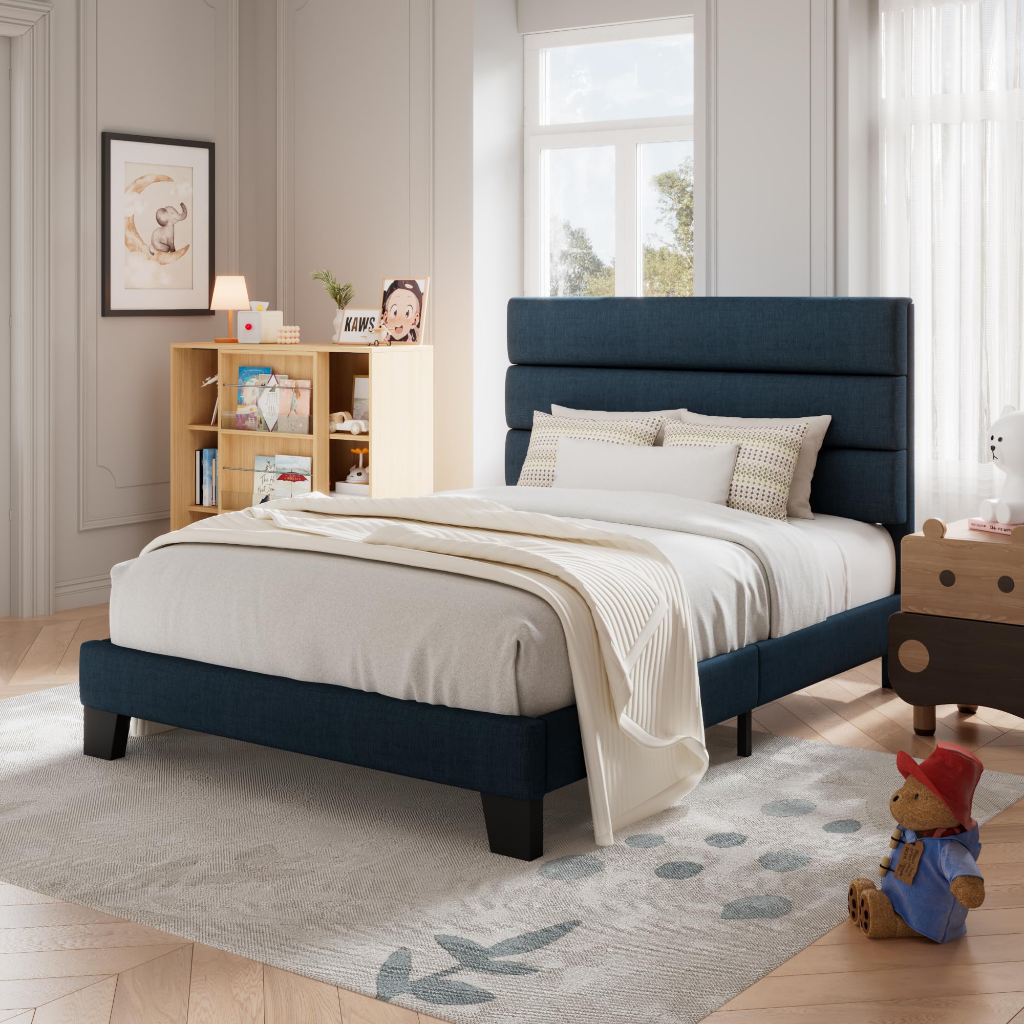 Allewie Queen Size Platform Bed Frame with Fabric Upholstered Headboard and Wooden Slats Support, Fully Upholstered Mattress Foundation/No Box Spring Needed/Easy Assembly, Navy Blue