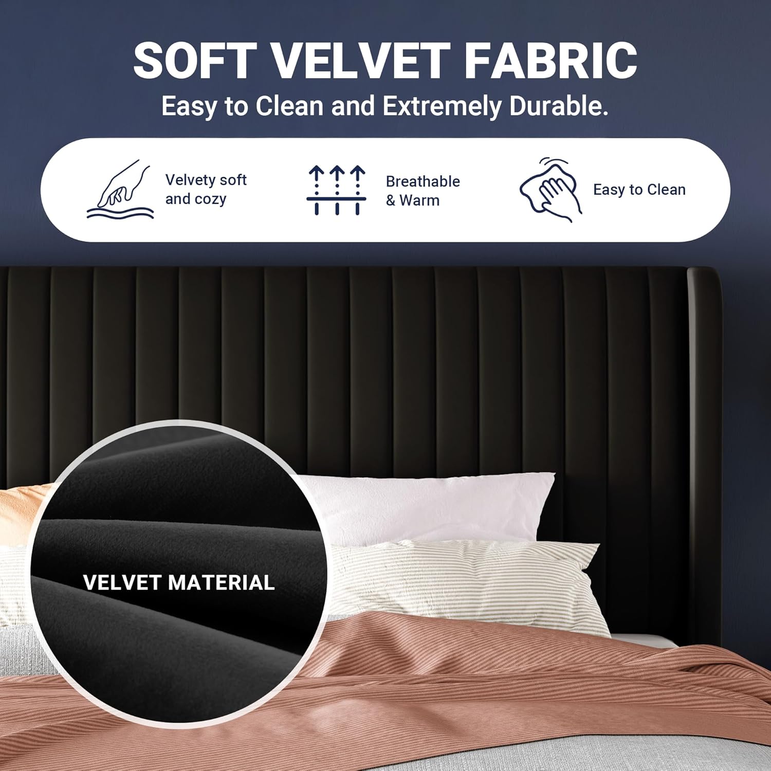 Black Full Size Velvet Platform Bed Frame, Wingback Tufted Headboard with Wooden Slats, No Box Spring Needed