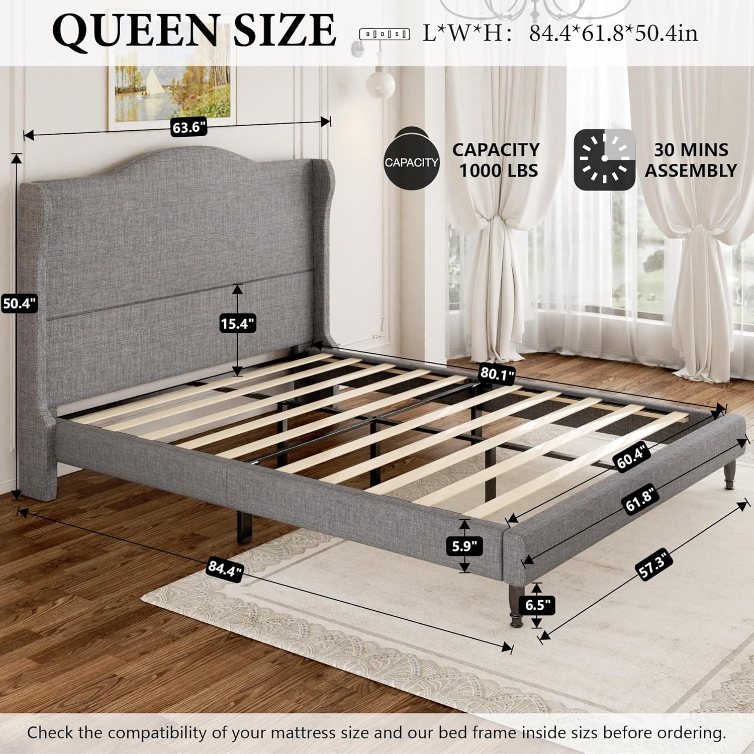 Queen Size Bed Frame with 50.4" Tall Wingback Headboard, Upholstered Platform Bed Frame with Arched Tufted Design, No Box Spring Needed, 1000lbs Heavy Duty Support, Easy Assembly, Light Grey