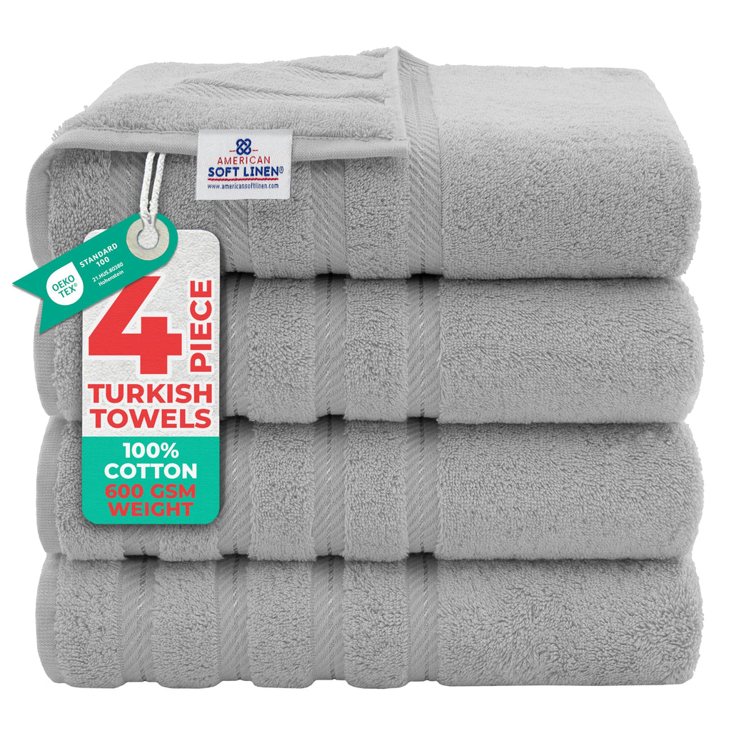 American Soft Linen Luxury 6 Piece Towel Set, 2 Bath Towels 2 Hand Towel 2 Washcloths, 600 GSM 100% Cotton Turkish Towels for Bathroom, Light Grey Towel Sets