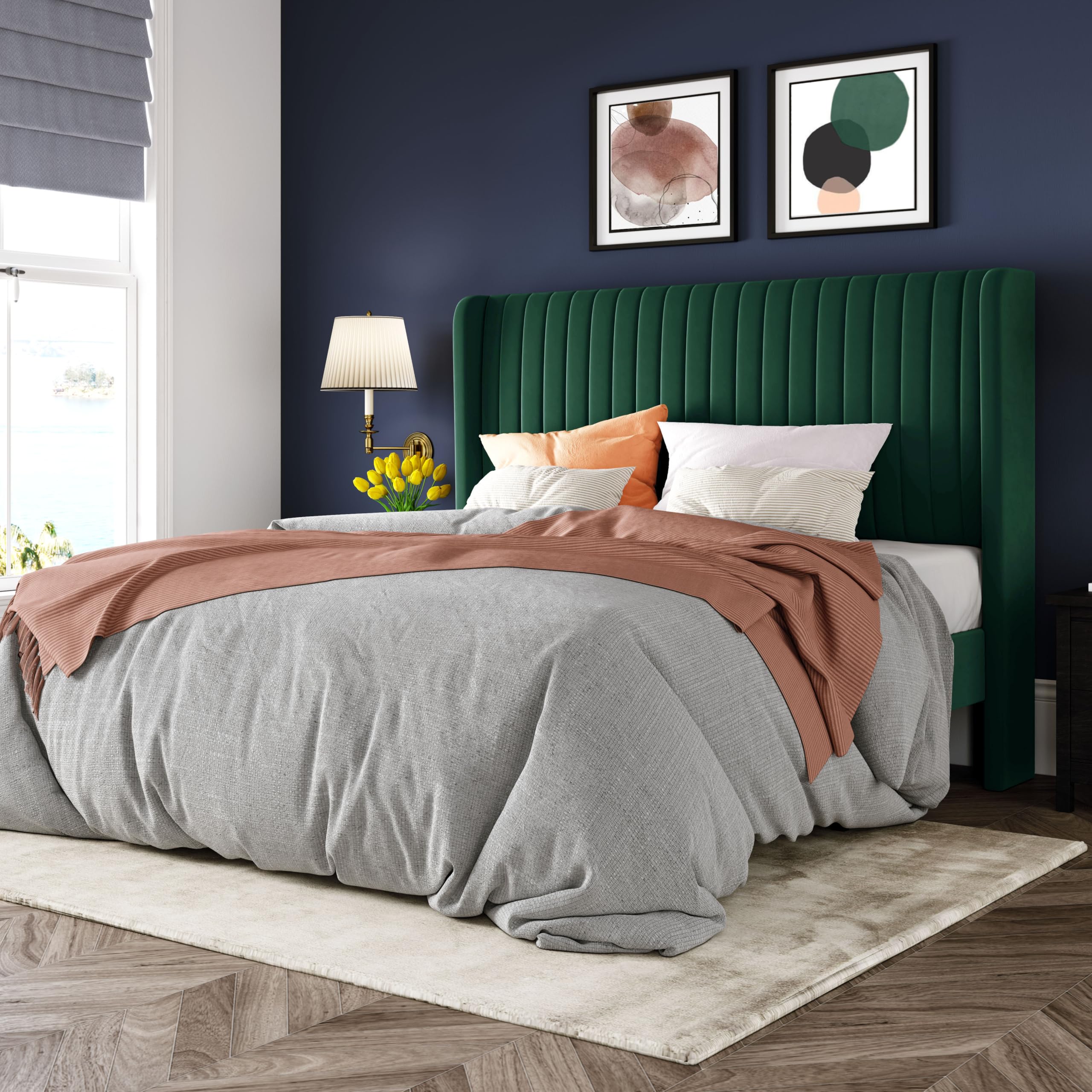 Black Full Size Velvet Platform Bed Frame, Wingback Tufted Headboard with Wooden Slats, No Box Spring Needed
