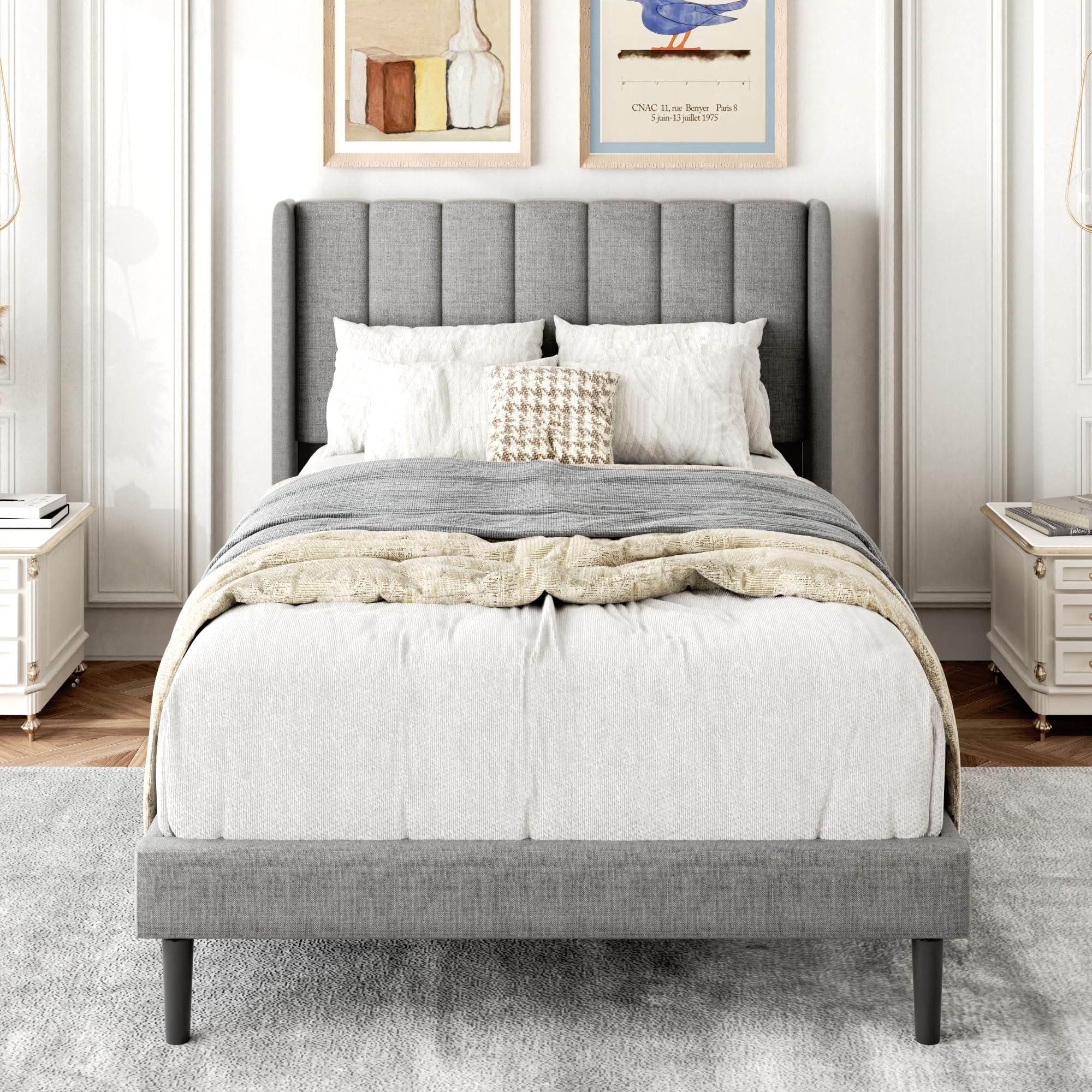 Gruwans Queen Size Bed Frame with Upholstered Wingback Headboard, Easy Assemnly Platform Bed, Wooden Slat Support No Box Spring Needed, Sand