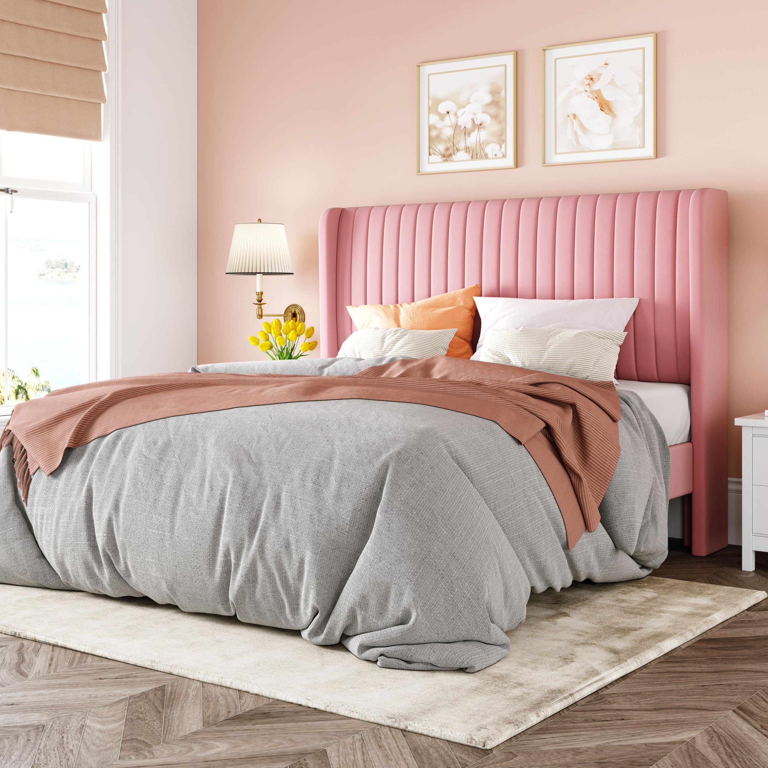 Black Full Size Velvet Platform Bed Frame, Wingback Tufted Headboard with Wooden Slats, No Box Spring Needed