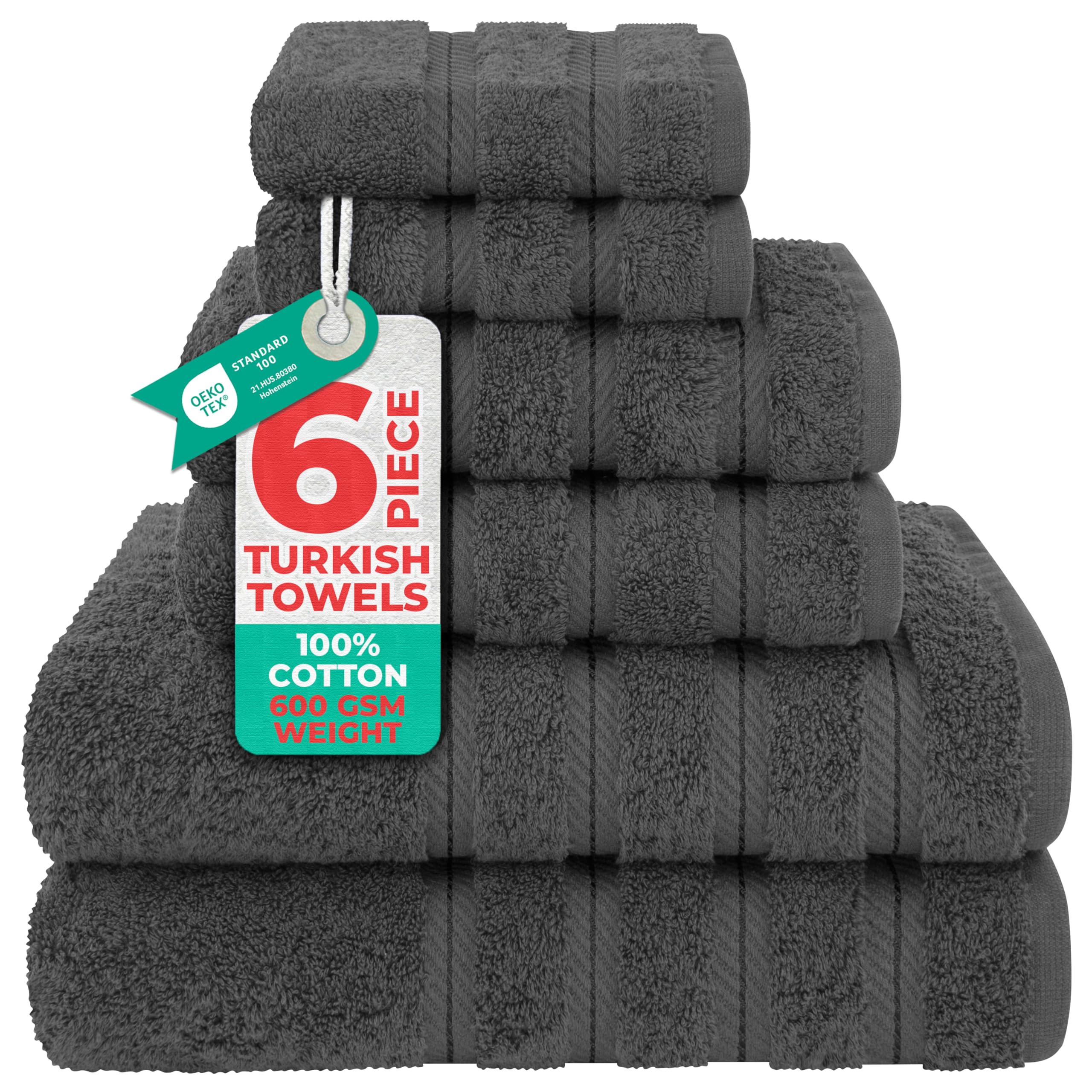 American Soft Linen Luxury 6 Piece Towel Set, 2 Bath Towels 2 Hand Towel 2 Washcloths, 600 GSM 100% Cotton Turkish Towels for Bathroom, Black Towel Sets