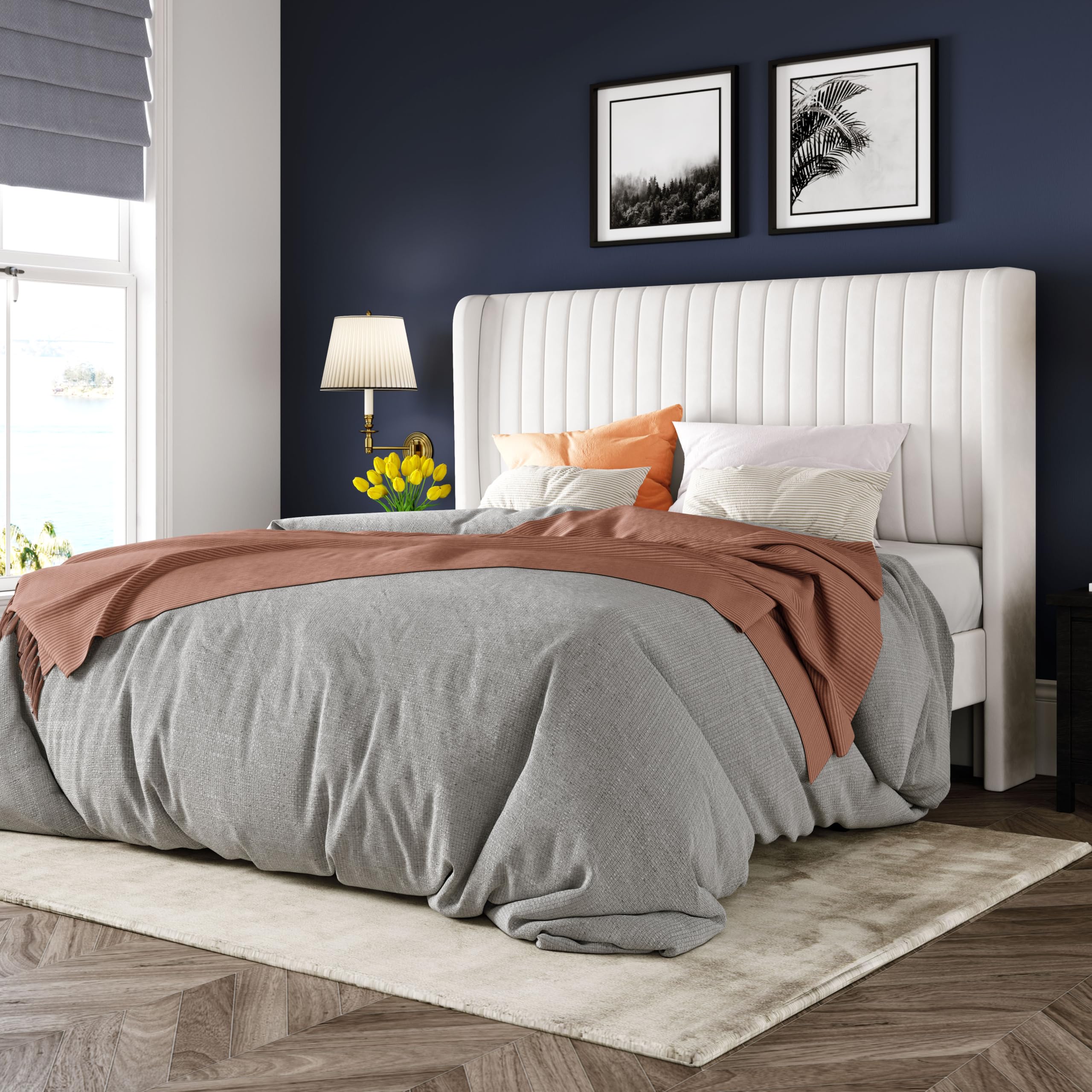 Black Full Size Velvet Platform Bed Frame, Wingback Tufted Headboard with Wooden Slats, No Box Spring Needed