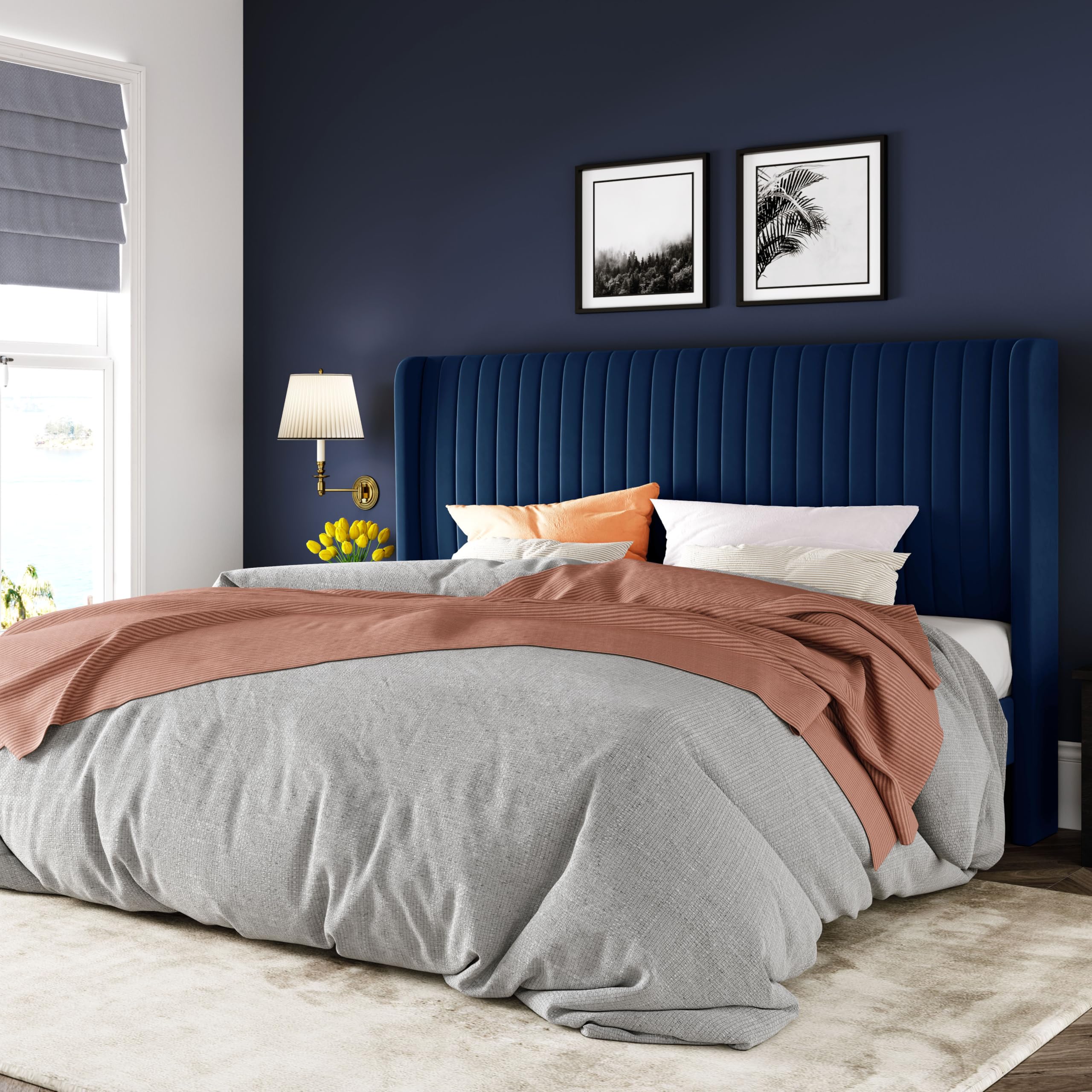 Black Full Size Velvet Platform Bed Frame, Wingback Tufted Headboard with Wooden Slats, No Box Spring Needed