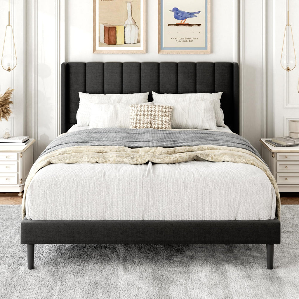 Gruwans Queen Size Bed Frame with Upholstered Wingback Headboard, Easy Assemnly Platform Bed, Wooden Slat Support No Box Spring Needed, Sand