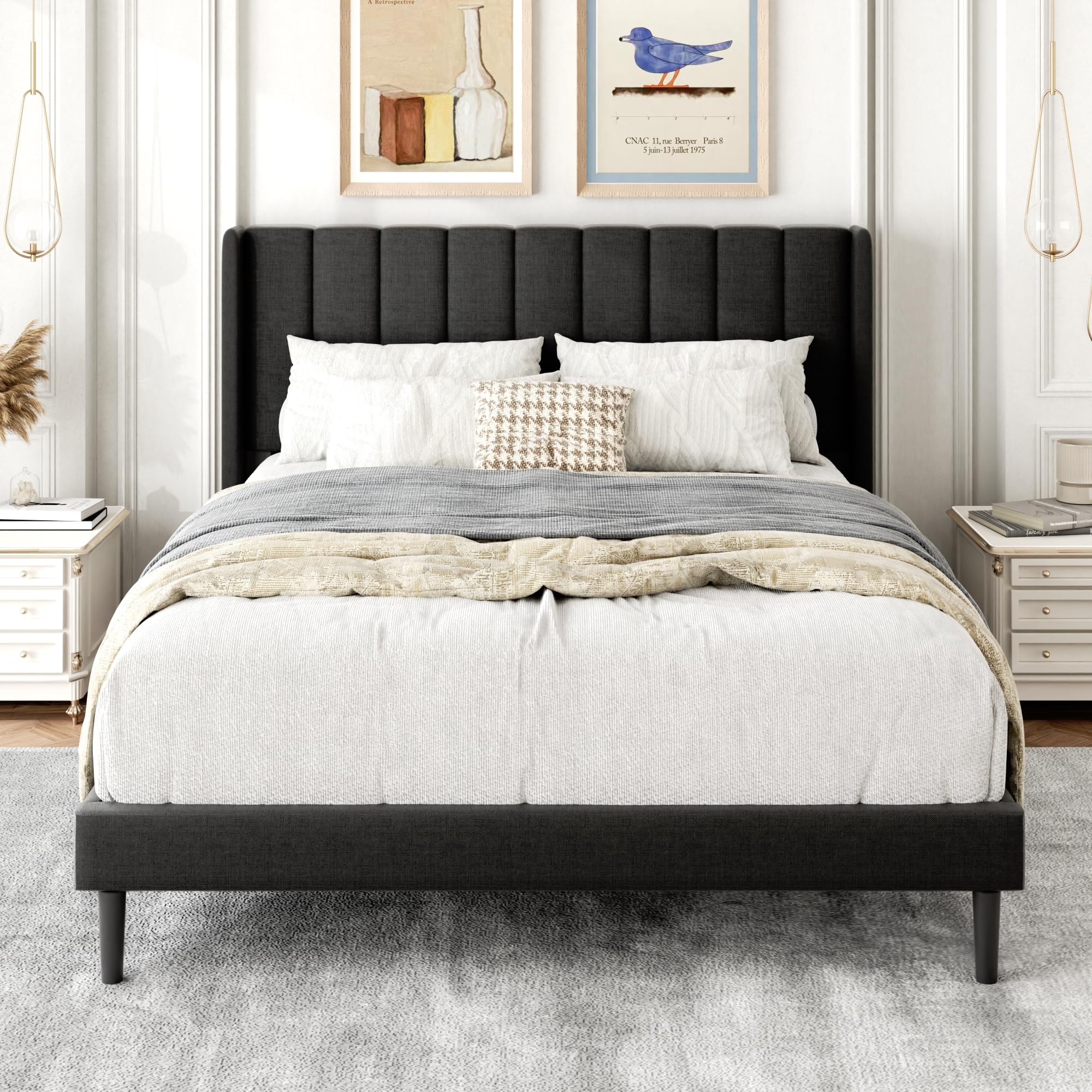 Gruwans Queen Size Bed Frame with Upholstered Wingback Headboard, Easy Assemnly Platform Bed, Wooden Slat Support No Box Spring Needed, Sand