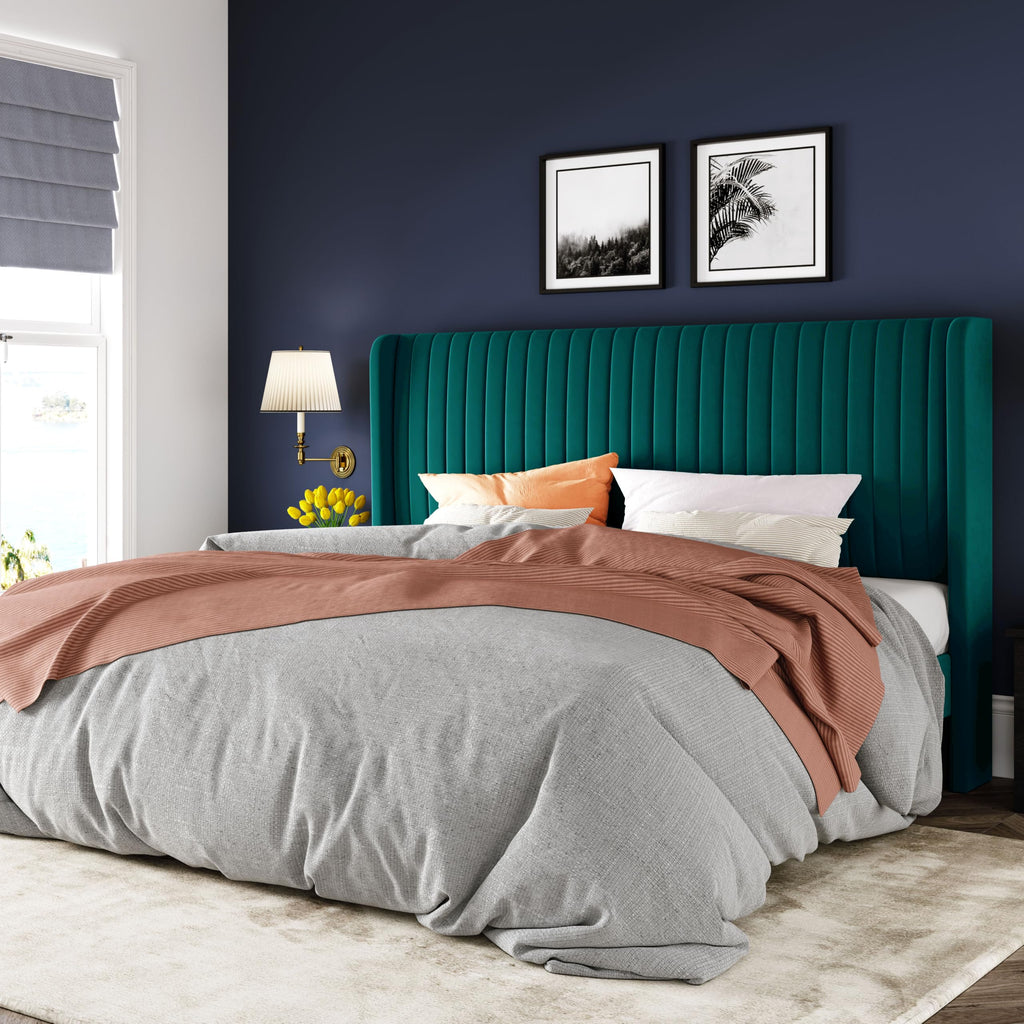 Black Full Size Velvet Platform Bed Frame, Wingback Tufted Headboard with Wooden Slats, No Box Spring Needed