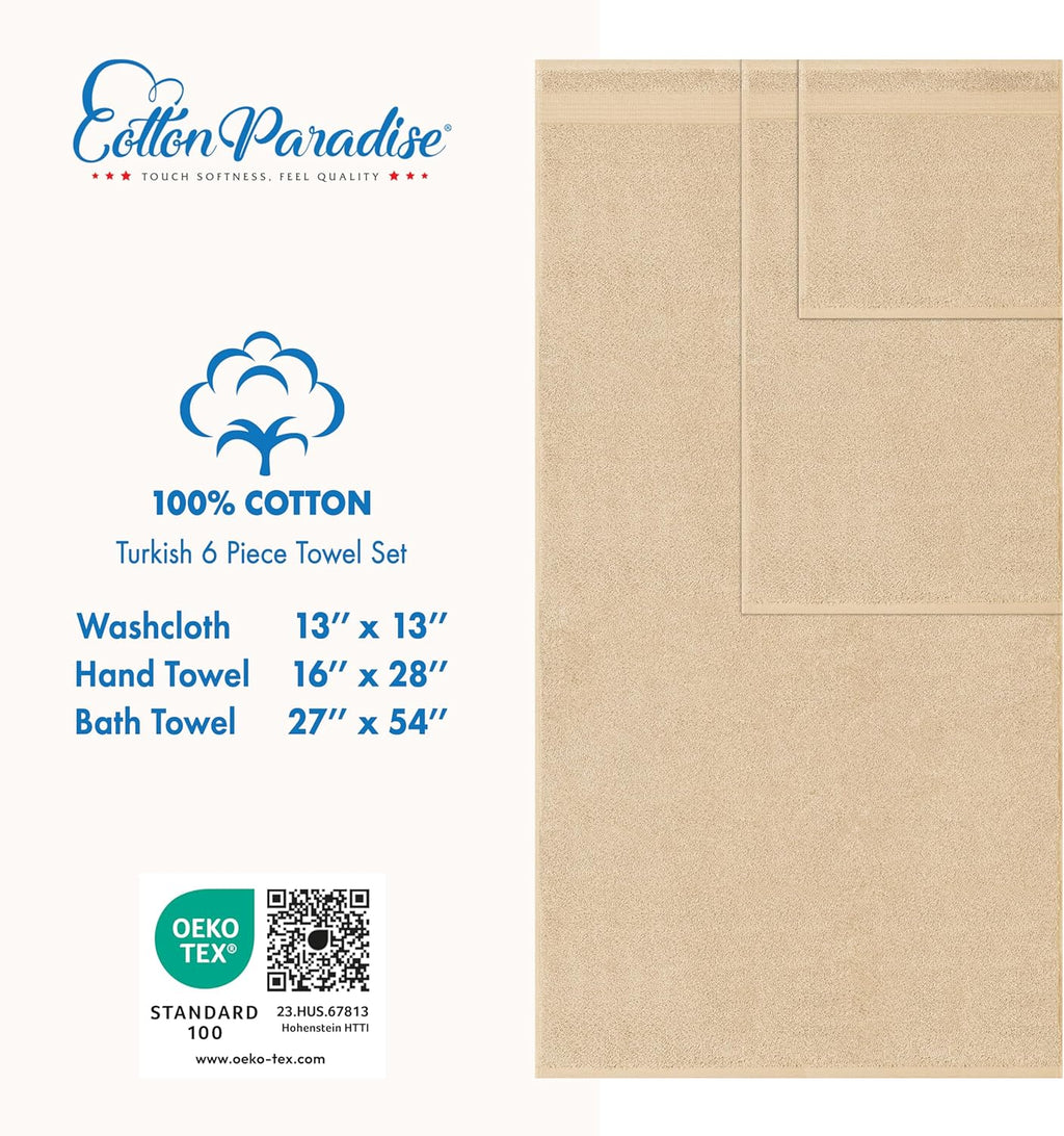 Cotton Paradise 100% Cotton Turkish Towel Set, Soft Absorbent Quick Dry, 6 Piece Towel Set, Beige