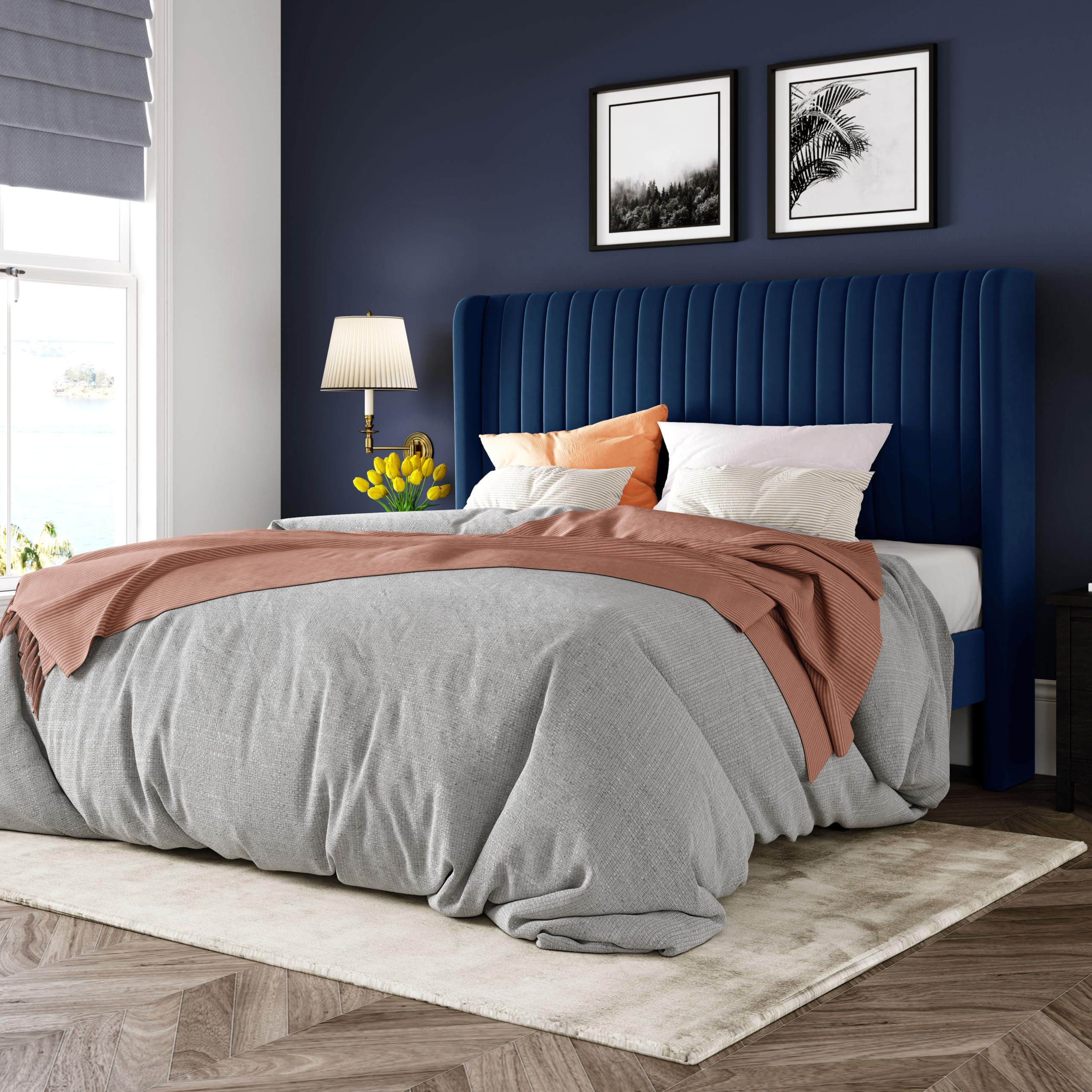 Black Full Size Velvet Platform Bed Frame, Wingback Tufted Headboard with Wooden Slats, No Box Spring Needed