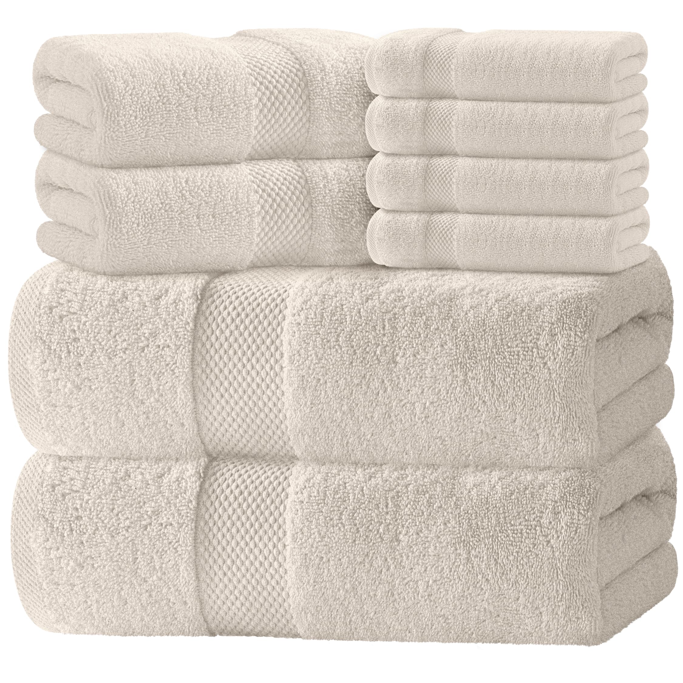 Luxury White Bath Towel Set of 8 Pieces - 100% Turkish Cotton 700 GSM Highly Absorbent Towels for Bathroom, 2 Bath Towels, 2 Hand Towels, 4 Washcloths
