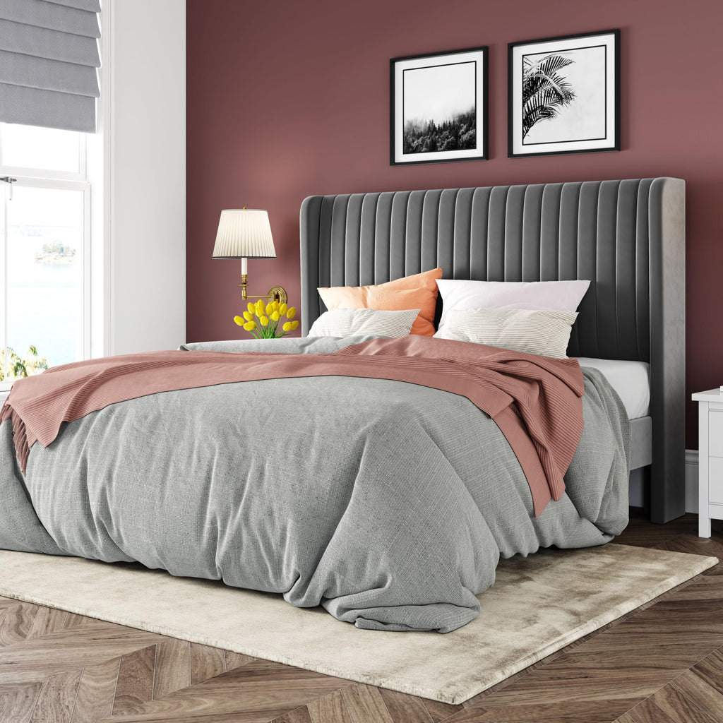 Black Full Size Velvet Platform Bed Frame, Wingback Tufted Headboard with Wooden Slats, No Box Spring Needed