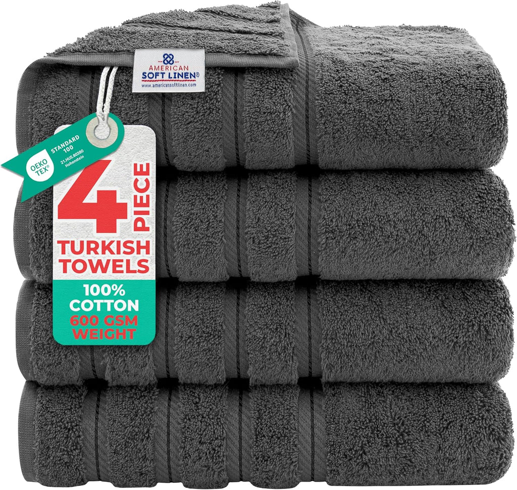 American Soft Linen Luxury 4 Piece Bath Towel Set, 600 GSM 100% Cotton Turkish Bath Towels for Bathroom, 27x54 in Large Bathroom Shower Towels, Dark Gray