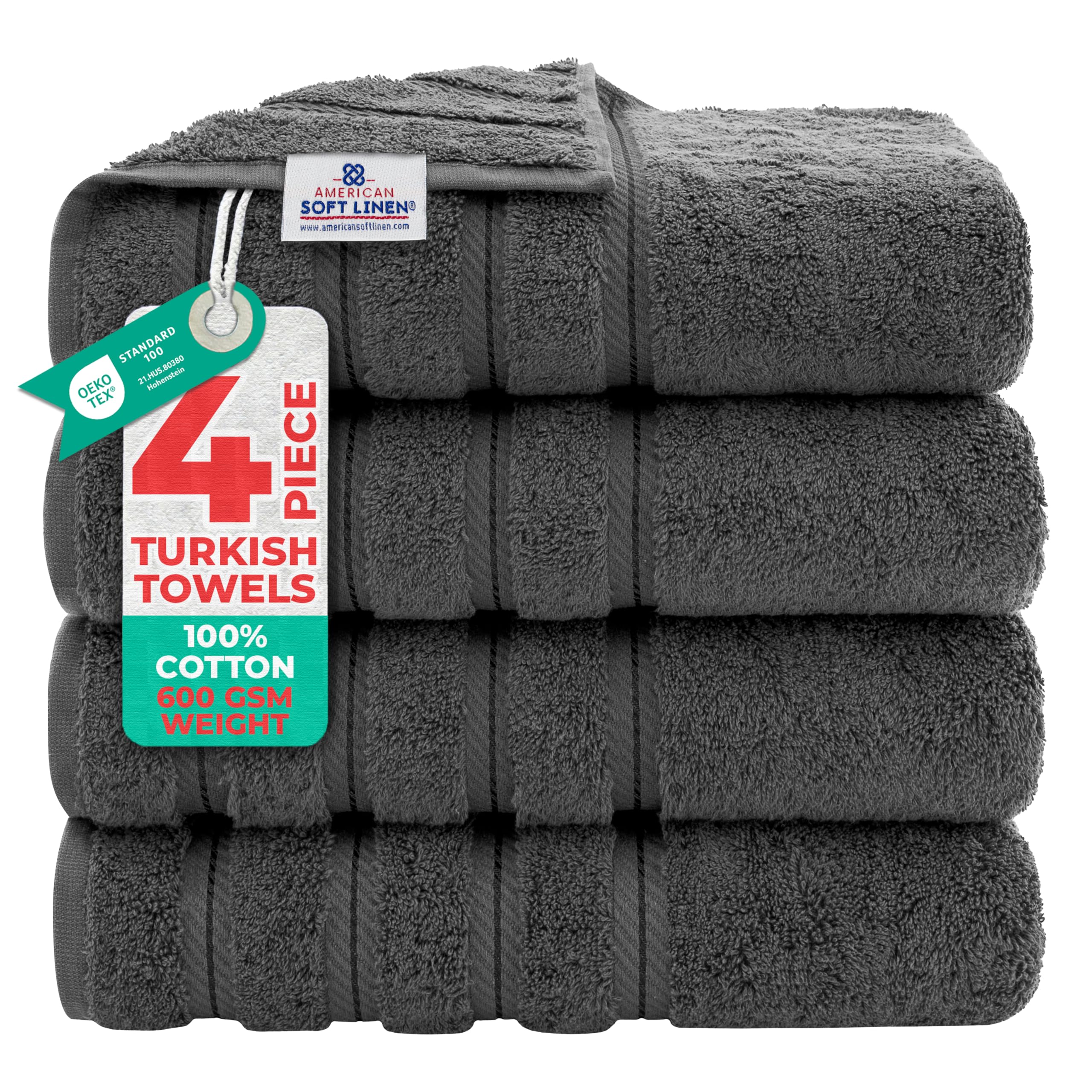 American Soft Linen Luxury 6 Piece Towel Set, 2 Bath Towels 2 Hand Towel 2 Washcloths, 600 GSM 100% Cotton Turkish Towels for Bathroom, Black Towel Sets