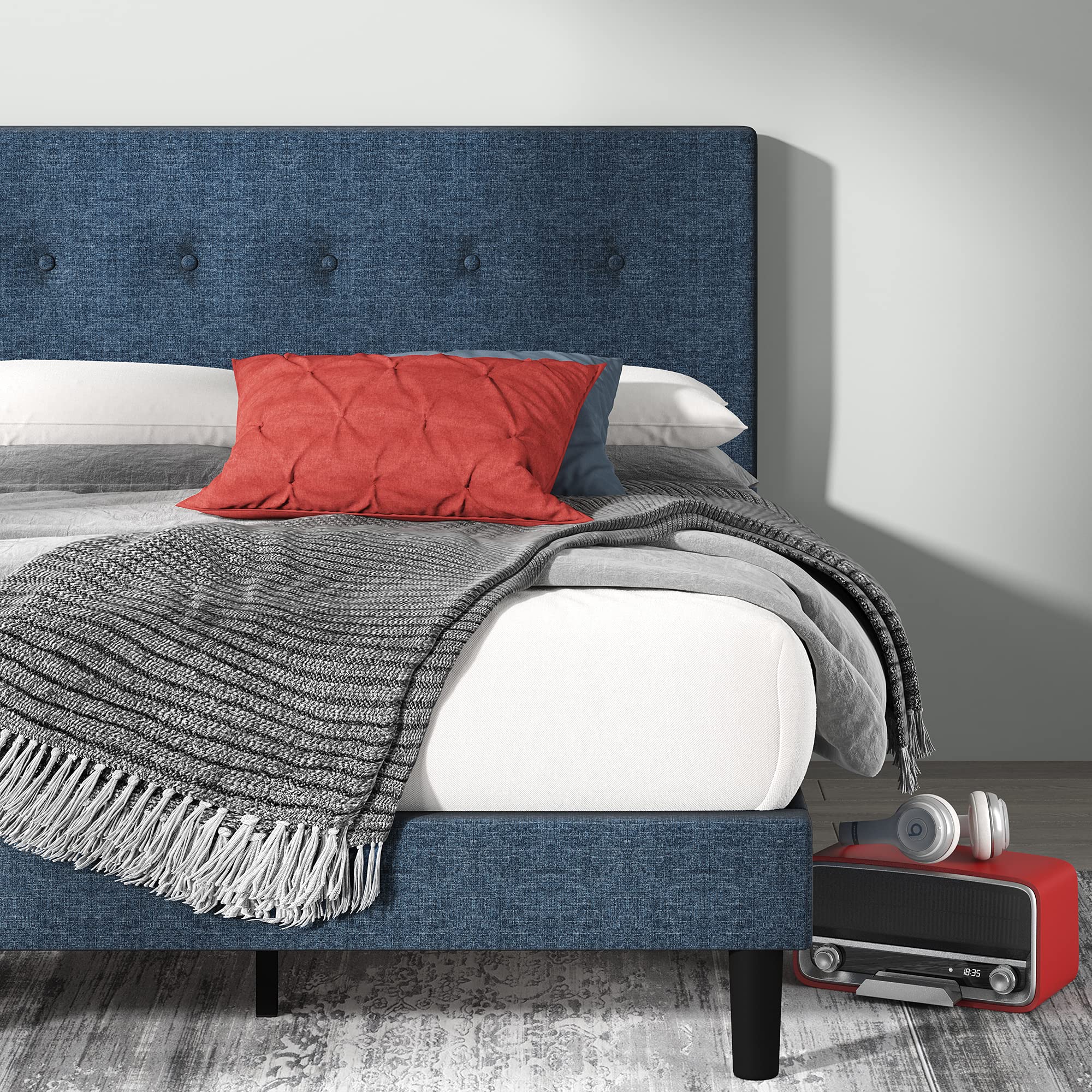 Zinus King Maya Upholstered Bed Frame with Asymmetric Headboard, Durable Wooden Slats, Sturdy Framework, Noise Free Sleep, No Box Spring Needed, Easy Assembly, Eco Friendly Packaging, Dark Grey