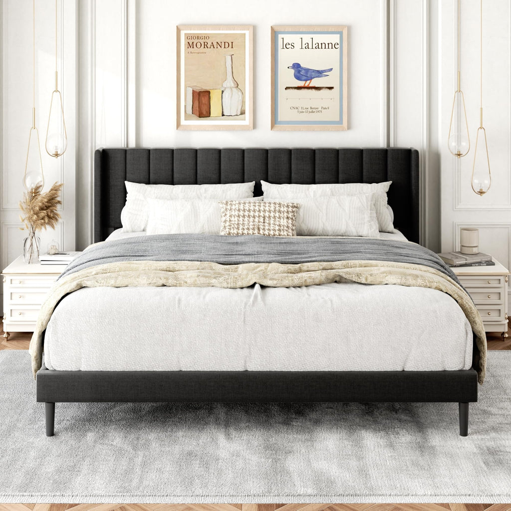 Gruwans Queen Size Bed Frame with Upholstered Wingback Headboard, Easy Assemnly Platform Bed, Wooden Slat Support No Box Spring Needed, Sand