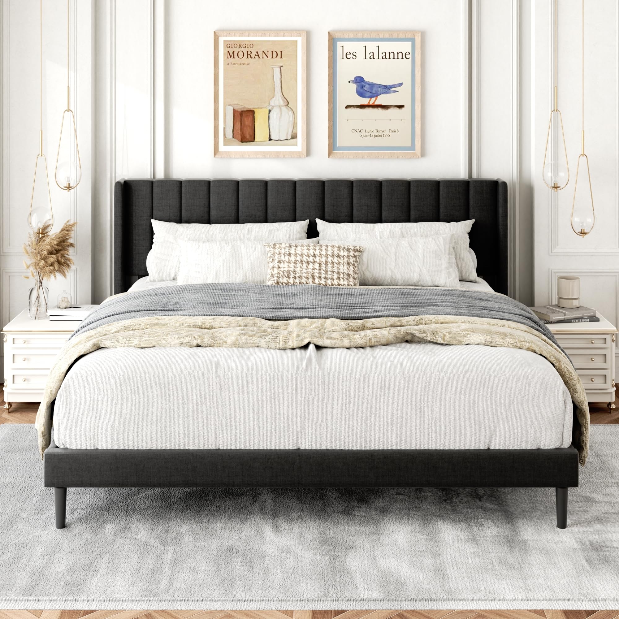 Gruwans Queen Size Bed Frame with Upholstered Wingback Headboard, Easy Assemnly Platform Bed, Wooden Slat Support No Box Spring Needed, Sand