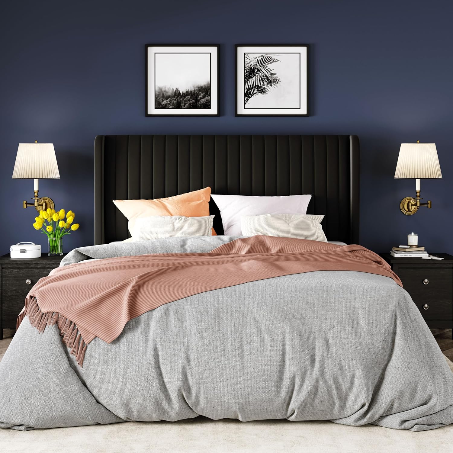 Black Full Size Velvet Platform Bed Frame, Wingback Tufted Headboard with Wooden Slats, No Box Spring Needed