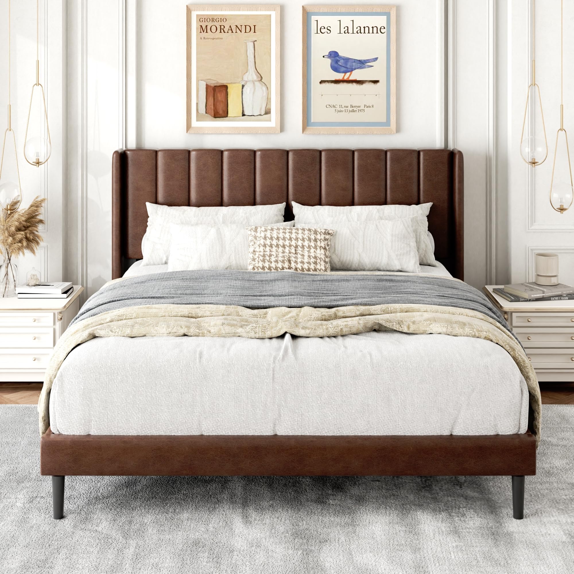 Gruwans Queen Size Bed Frame with Upholstered Wingback Headboard, Easy Assemnly Platform Bed, Wooden Slat Support No Box Spring Needed, Sand