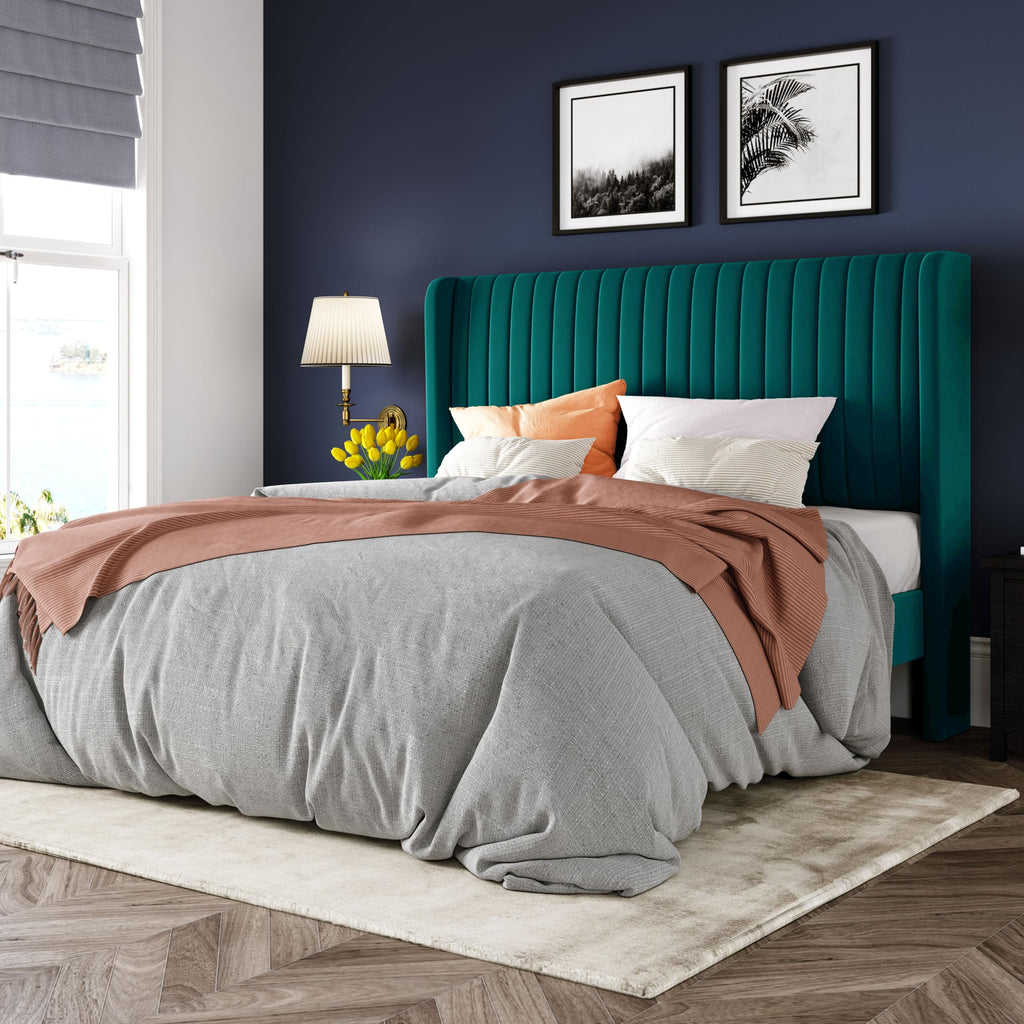 Black Full Size Velvet Platform Bed Frame, Wingback Tufted Headboard with Wooden Slats, No Box Spring Needed