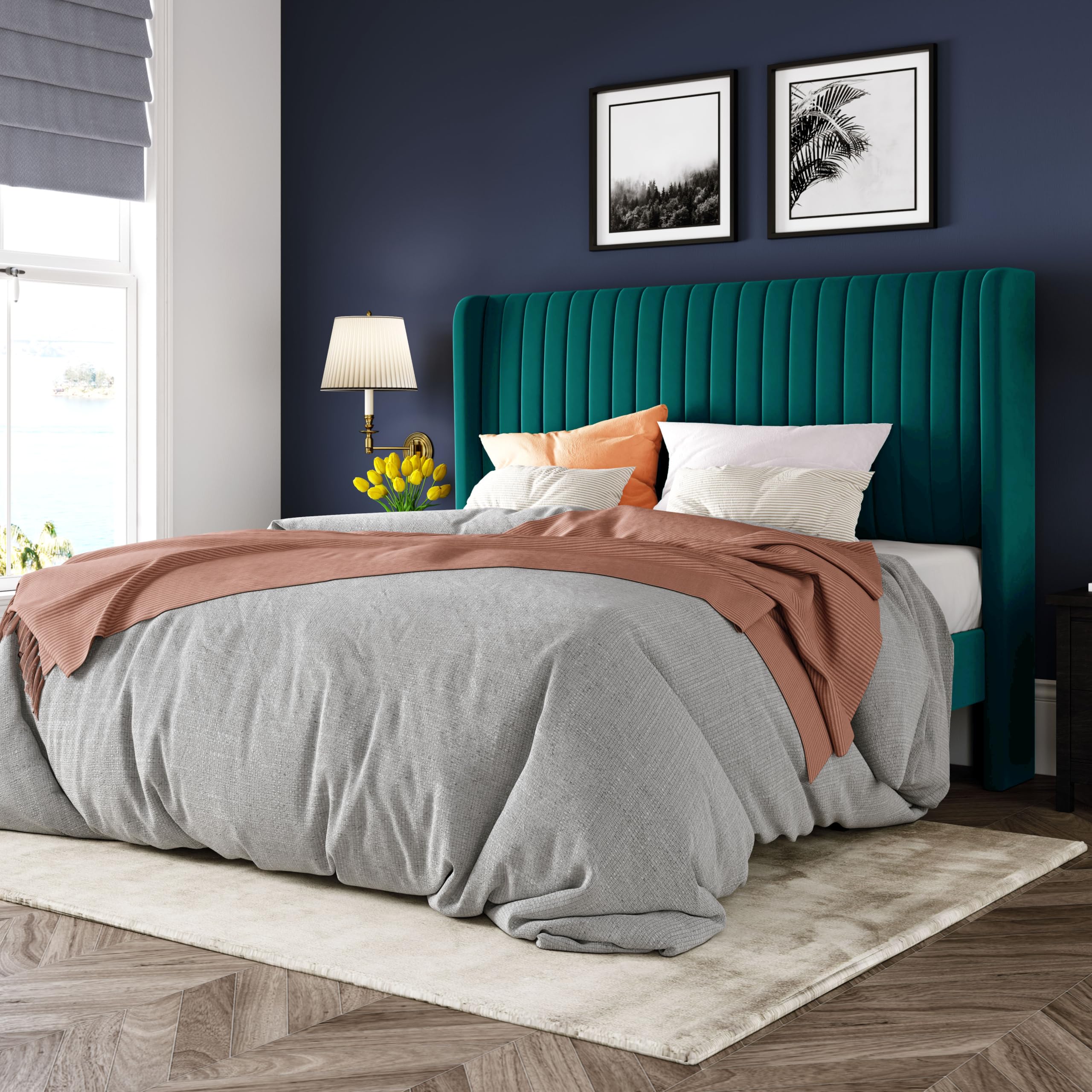 Black Full Size Velvet Platform Bed Frame, Wingback Tufted Headboard with Wooden Slats, No Box Spring Needed