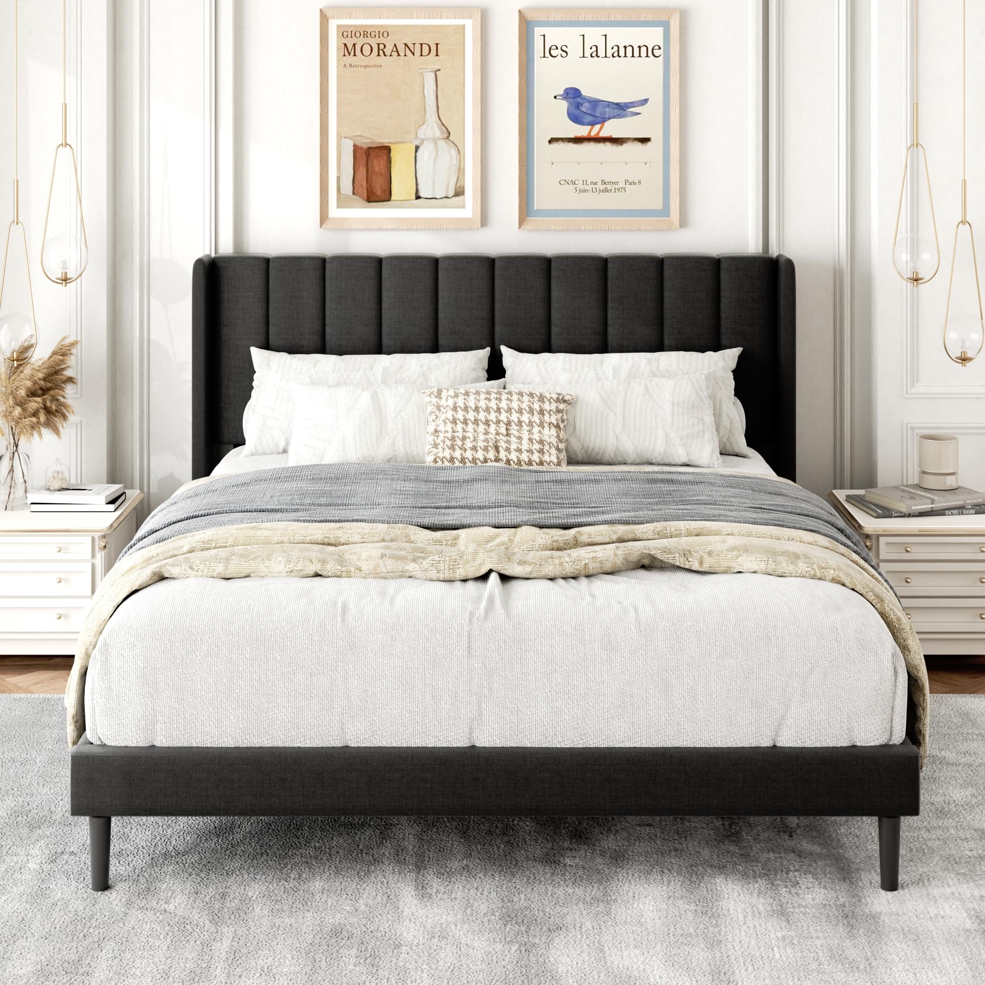 Gruwans Queen Size Bed Frame with Upholstered Wingback Headboard, Easy Assemnly Platform Bed, Wooden Slat Support No Box Spring Needed, Sand