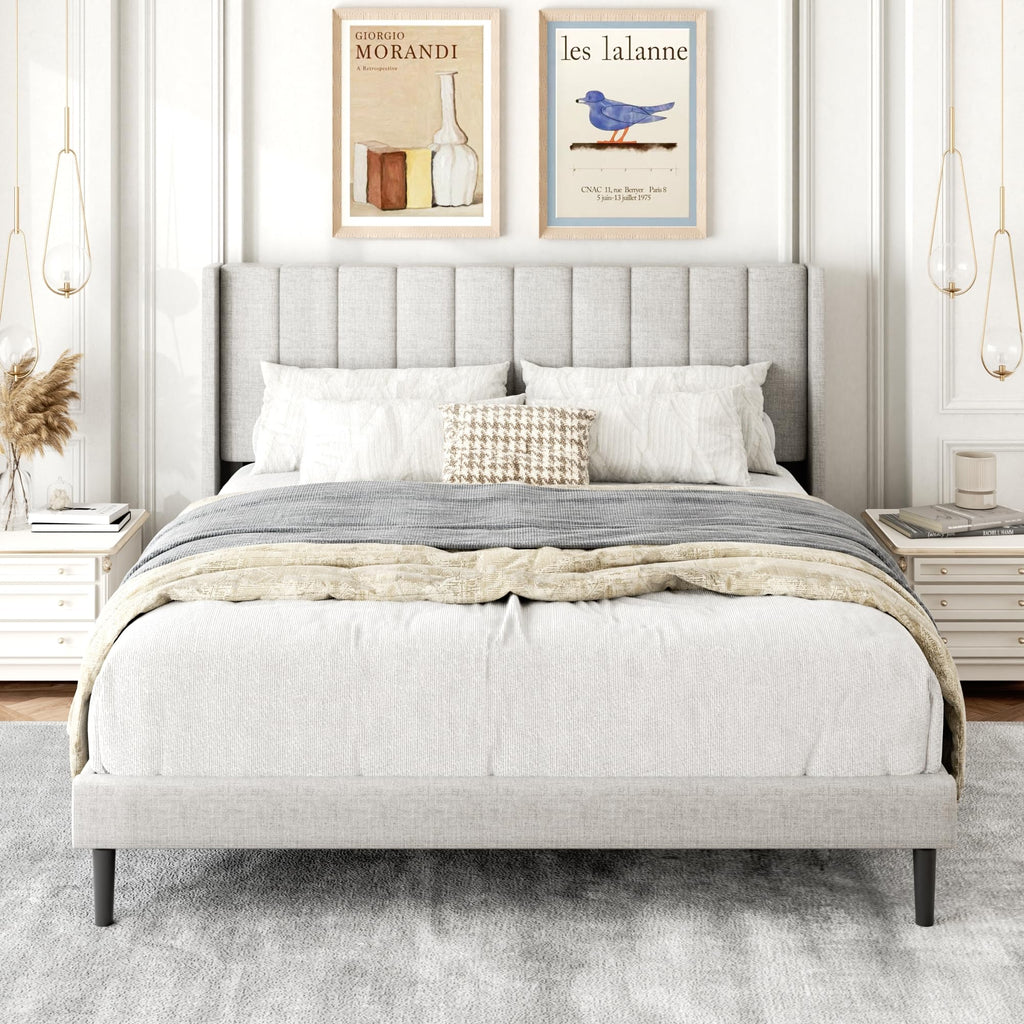 Gruwans Queen Size Bed Frame with Upholstered Wingback Headboard, Easy Assemnly Platform Bed, Wooden Slat Support No Box Spring Needed, Sand