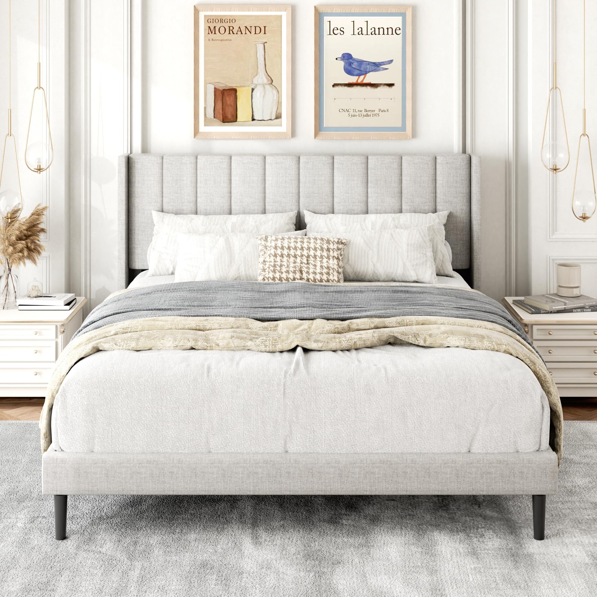 Gruwans Queen Size Bed Frame with Upholstered Wingback Headboard, Easy Assemnly Platform Bed, Wooden Slat Support No Box Spring Needed, Sand