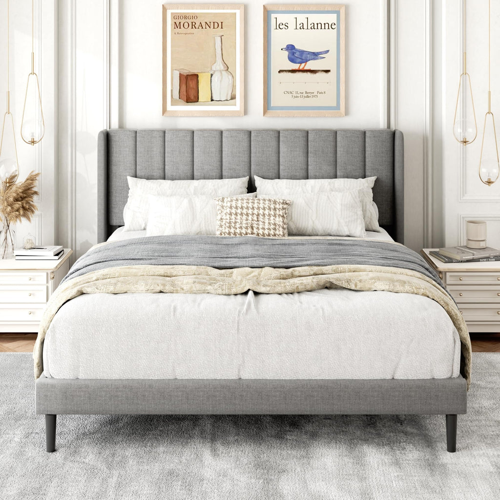 Gruwans Queen Size Bed Frame with Upholstered Wingback Headboard, Easy Assemnly Platform Bed, Wooden Slat Support No Box Spring Needed, Sand