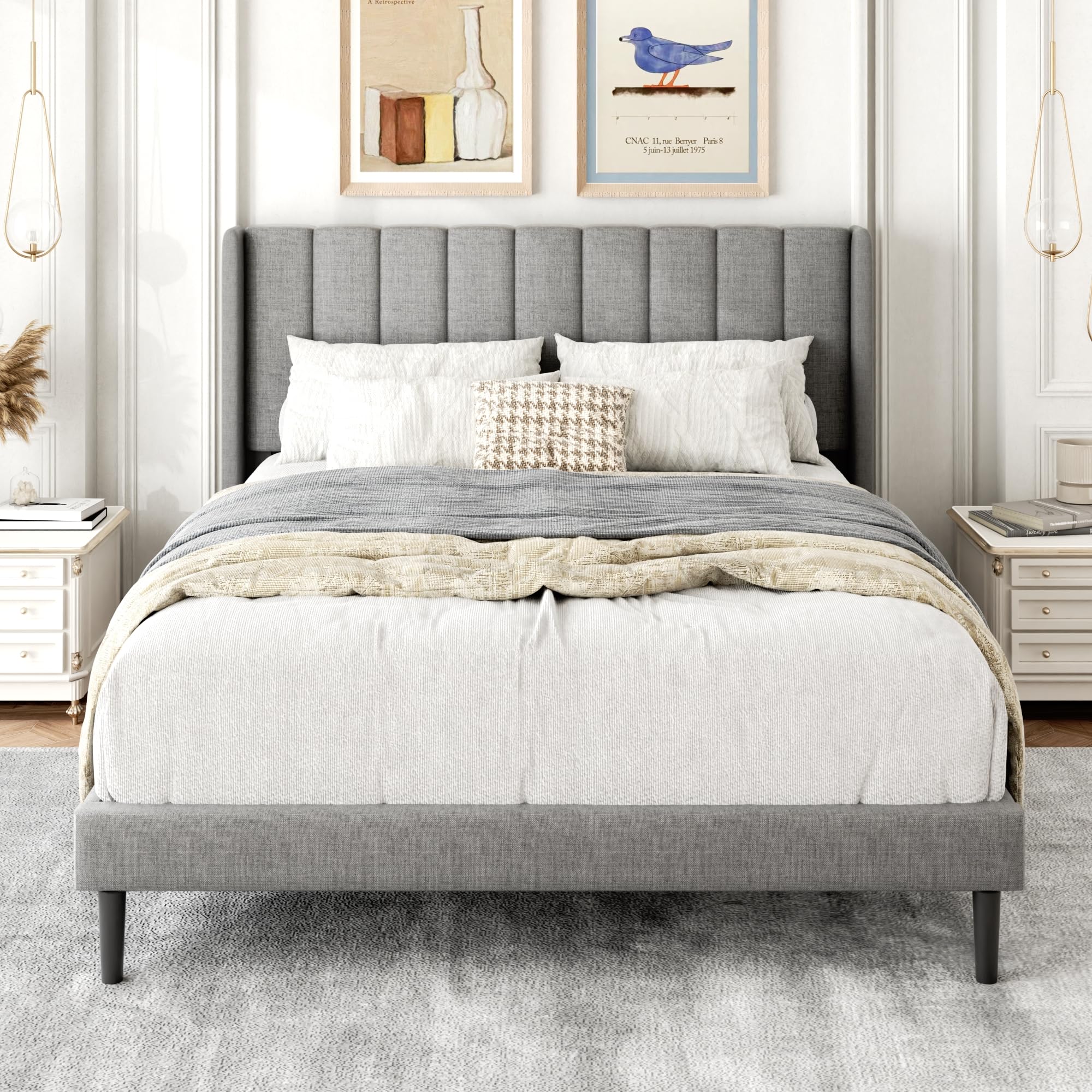 Gruwans Queen Size Bed Frame with Upholstered Wingback Headboard, Easy Assemnly Platform Bed, Wooden Slat Support No Box Spring Needed, Sand