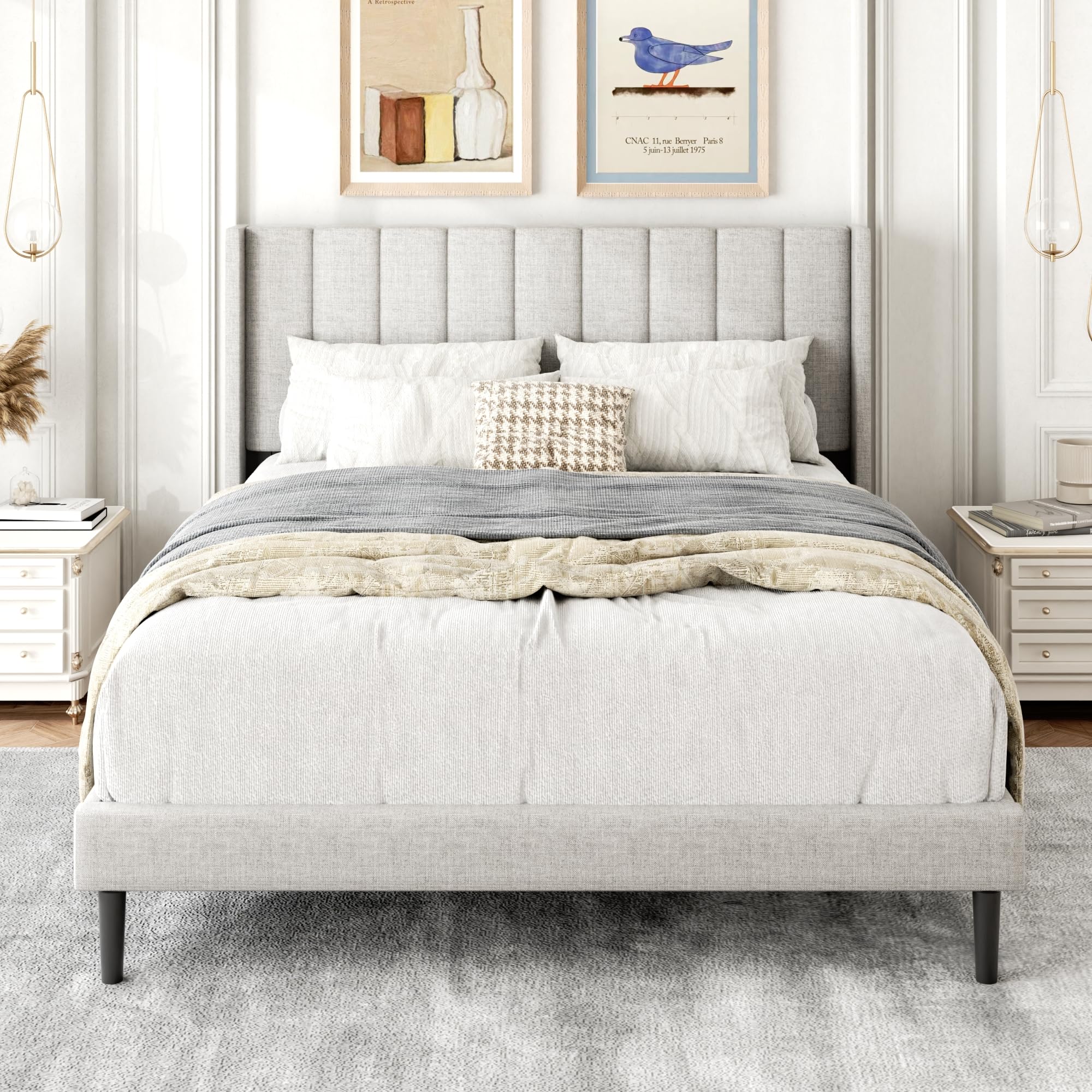Gruwans Queen Size Bed Frame with Upholstered Wingback Headboard, Easy Assemnly Platform Bed, Wooden Slat Support No Box Spring Needed, Sand