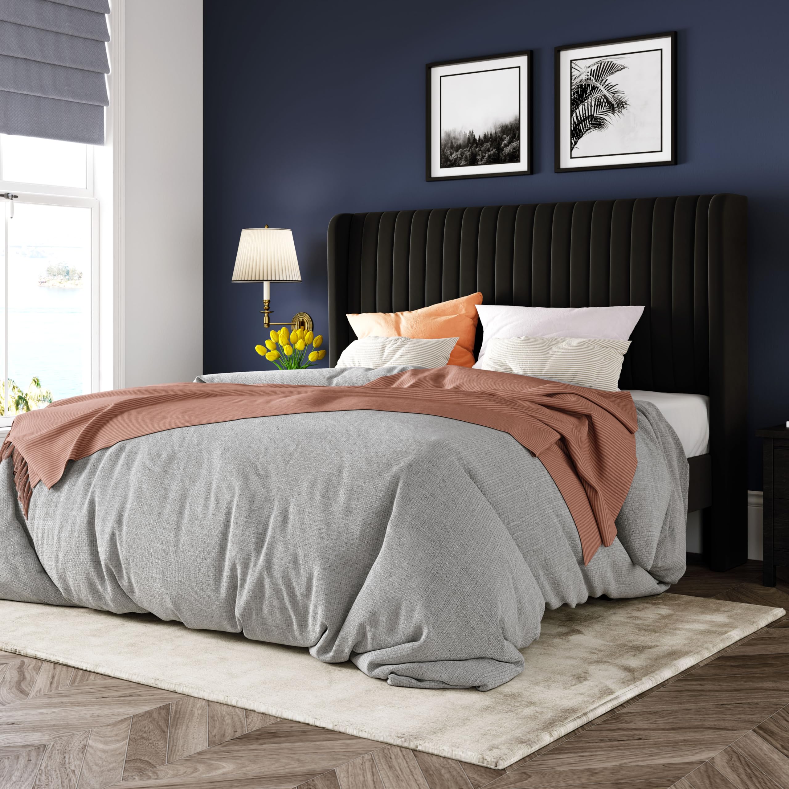 Black Full Size Velvet Platform Bed Frame, Wingback Tufted Headboard with Wooden Slats, No Box Spring Needed