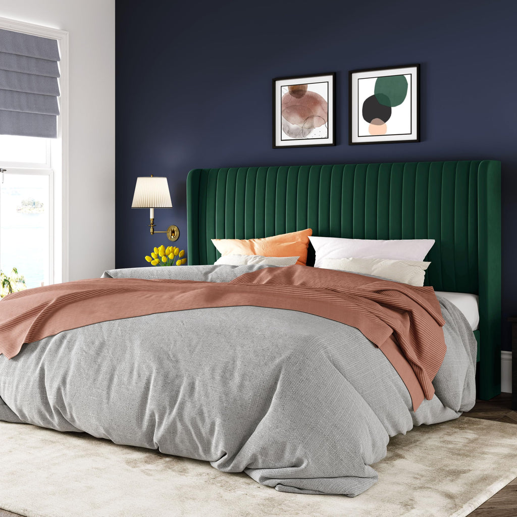 Black Full Size Velvet Platform Bed Frame, Wingback Tufted Headboard with Wooden Slats, No Box Spring Needed