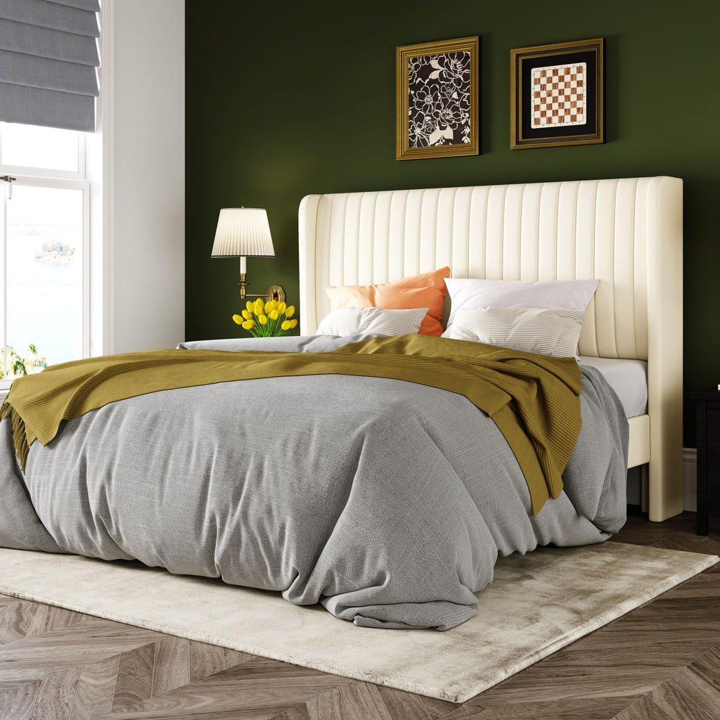 Black Full Size Velvet Platform Bed Frame, Wingback Tufted Headboard with Wooden Slats, No Box Spring Needed