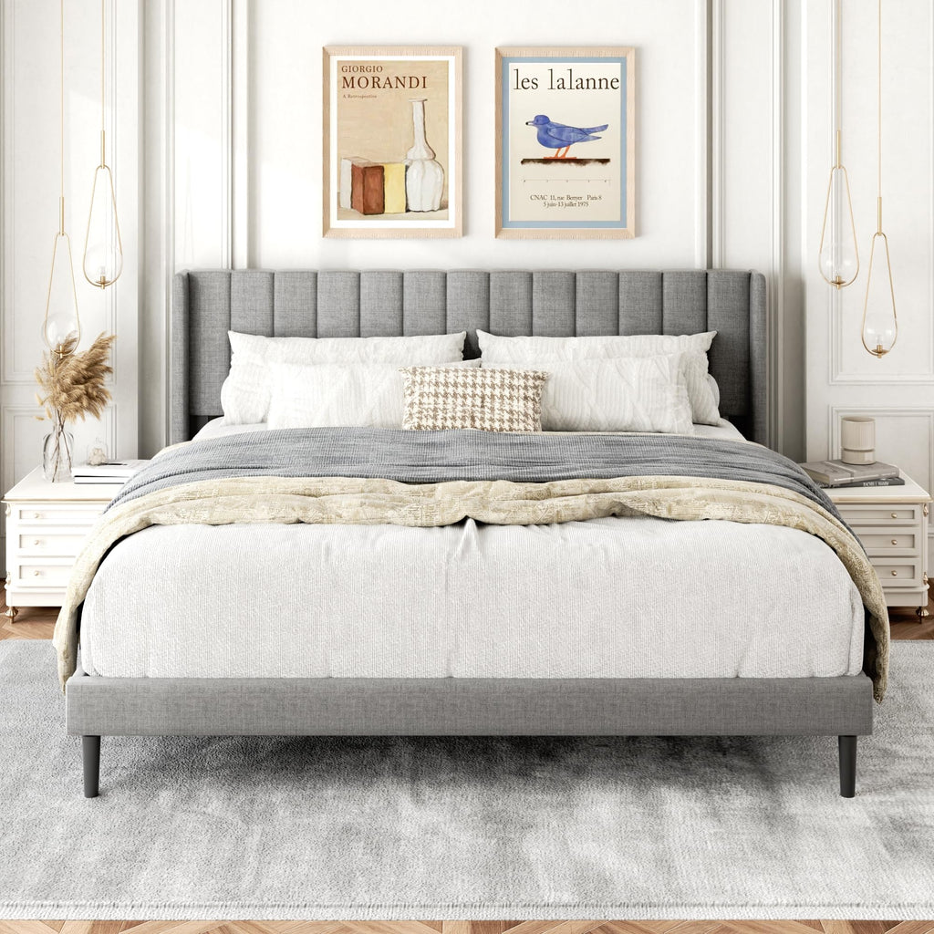 Gruwans Queen Size Bed Frame with Upholstered Wingback Headboard, Easy Assemnly Platform Bed, Wooden Slat Support No Box Spring Needed, Sand