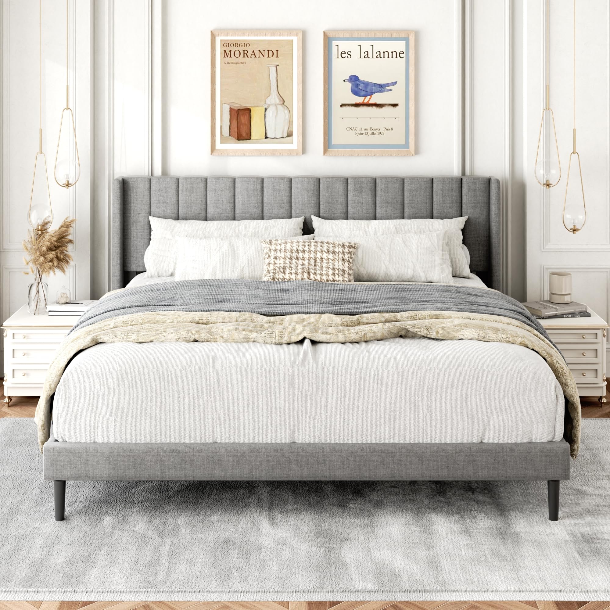 Gruwans Queen Size Bed Frame with Upholstered Wingback Headboard, Easy Assemnly Platform Bed, Wooden Slat Support No Box Spring Needed, Sand