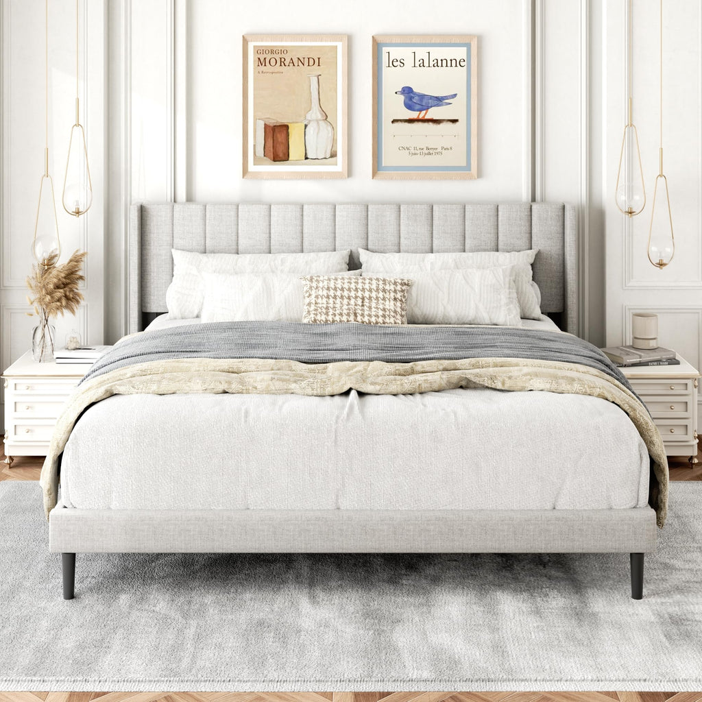 Gruwans Queen Size Bed Frame with Upholstered Wingback Headboard, Easy Assemnly Platform Bed, Wooden Slat Support No Box Spring Needed, Sand