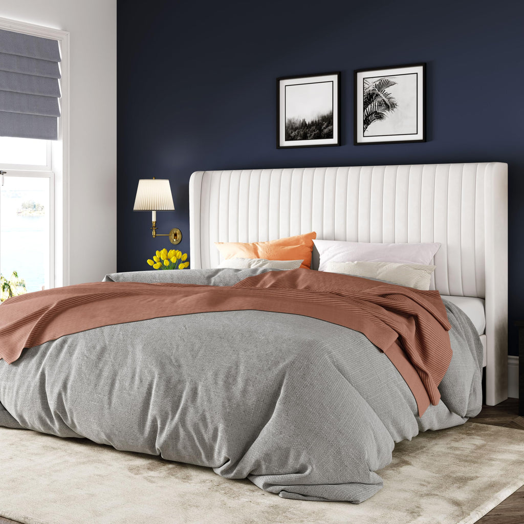 Black Full Size Velvet Platform Bed Frame, Wingback Tufted Headboard with Wooden Slats, No Box Spring Needed