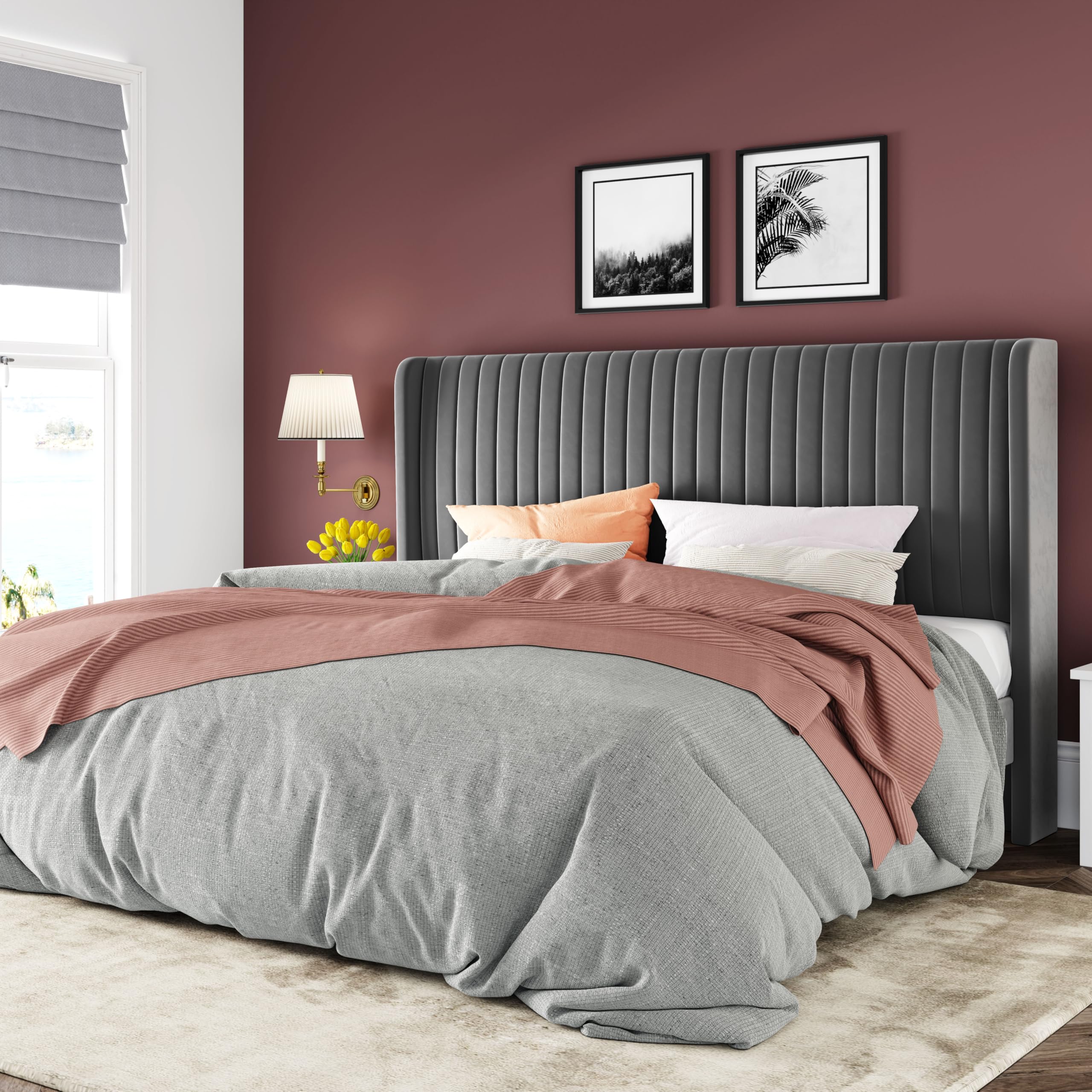 Black Full Size Velvet Platform Bed Frame, Wingback Tufted Headboard with Wooden Slats, No Box Spring Needed