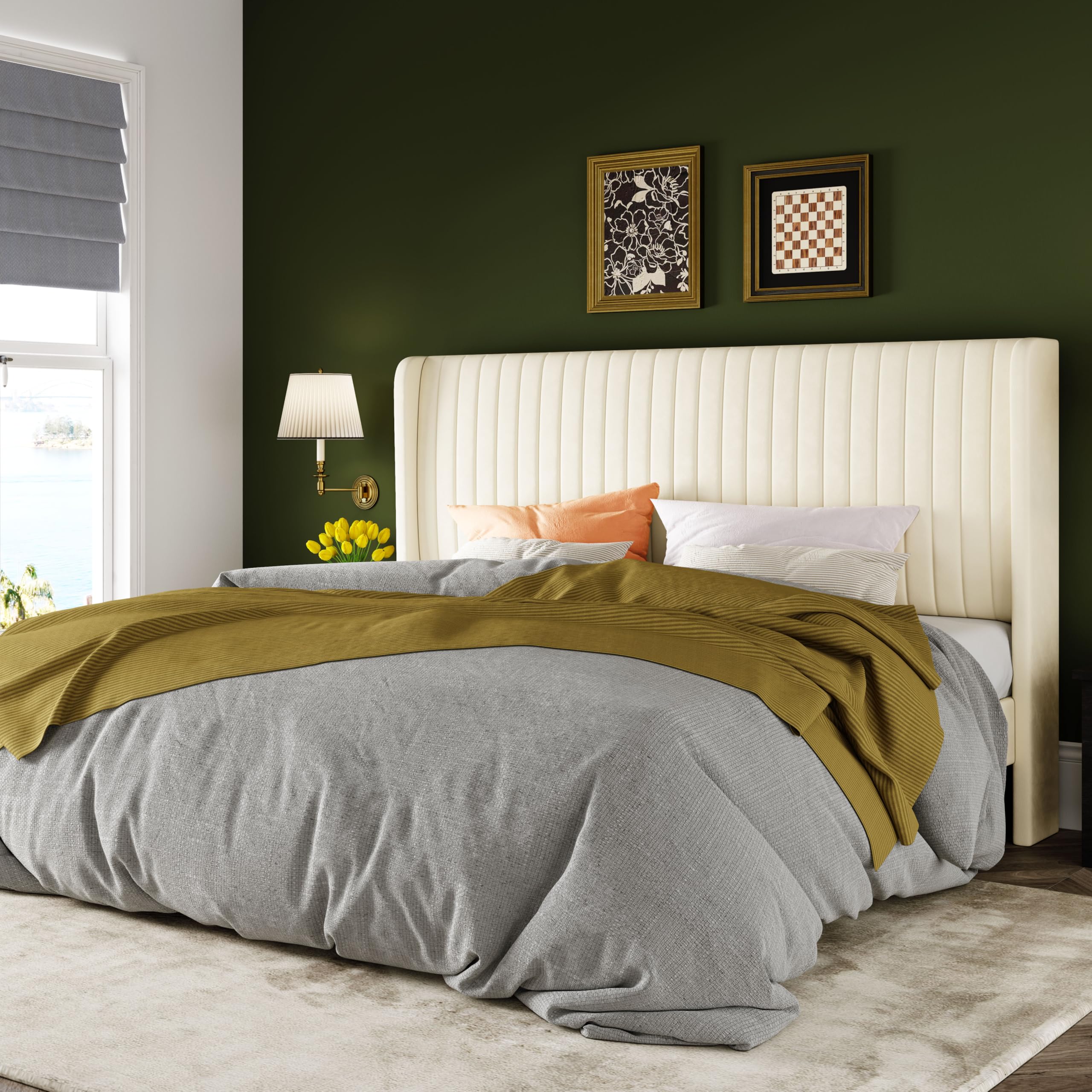 Black Full Size Velvet Platform Bed Frame, Wingback Tufted Headboard with Wooden Slats, No Box Spring Needed