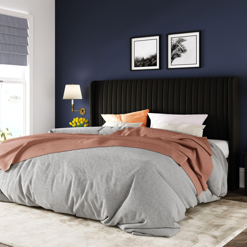 Black Full Size Velvet Platform Bed Frame, Wingback Tufted Headboard with Wooden Slats, No Box Spring Needed
